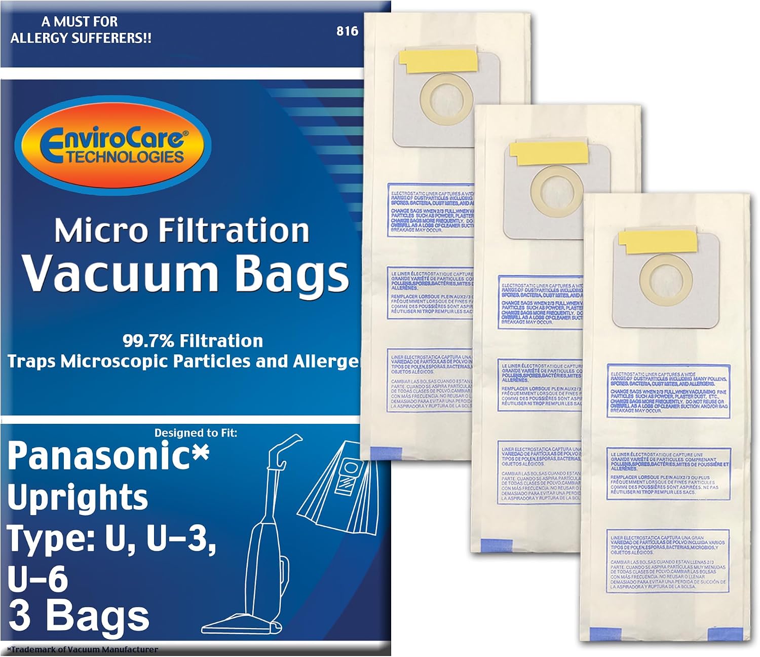 EnviroCare Replacement Micro Filtration Vacuum Cleaner Dust Bags made to fit Panasonic Types 3, U-6 3 pack