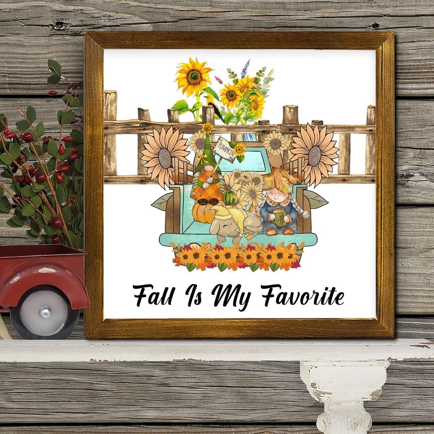Fall is My Favorite Framed Wood Signs Gnome Pumpkin Sunflower Teal Truck Wood Plaque Sign Classic Autumn Harvest Home Wall Decoration for Grandpa Papa Dad Boyfriend Teacher 12x12 inch