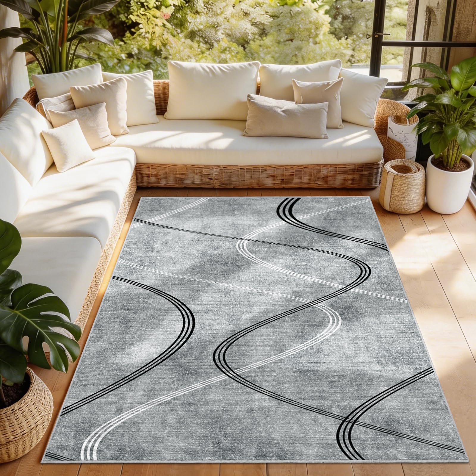Alishomtll Alfombra de salón gris de pelo corto, 160 x 230 cm, diseño de líneas geométricas, con parte inferior antideslizante, moderna, suave, lavable, alfombra de cocina para dormitorio, entrada y