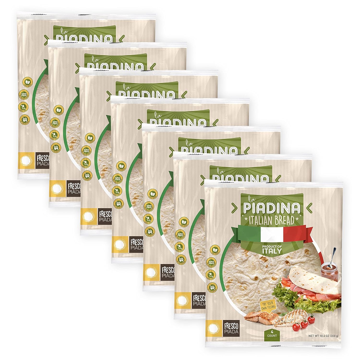 Fresco Piada Italian Flatbread – 7 Packs (28 Count Total) | Authentic Piadina Bread Made in Italy | Recipe with oil | Vegan, No Preservatives, GMO & Lactose-Free | Perfect for Sandwich, Savory Breakfast, Cheese Melts, and Sweet Crepes