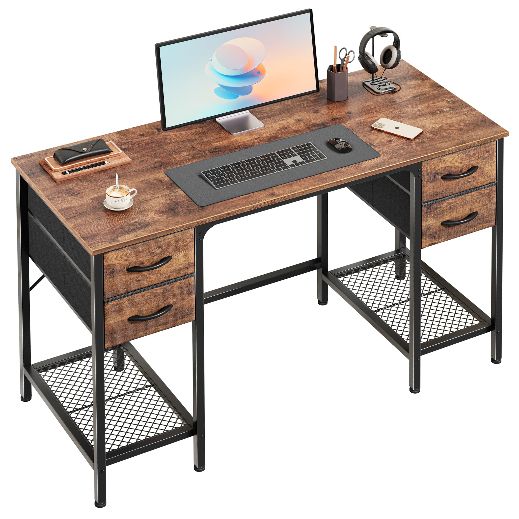 47 Inch Computer Desk with 4 Drawers, Office Desk with Mesh Shelf, Gaming Desk, Large Storage, Writing Desk Work Desk for Home Office, Study, Bedroom, Work from Home, Rustic Brown