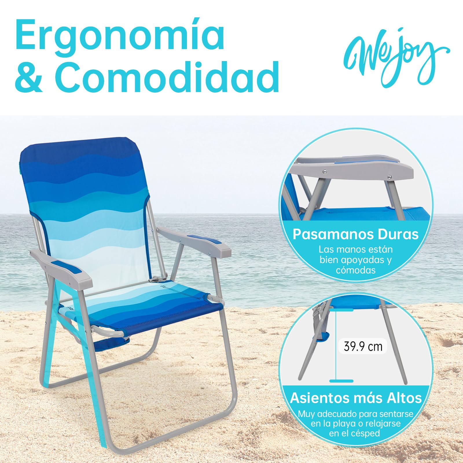 #WEJOY Silla de Playa Plegable con Reposabrazos Sillas de Acampada Camping con Respaldo Alto Silla Camping Portátil, Carga Máxima 136 kg, Silla para Exterior Jardín Playa 1/2 Piezas