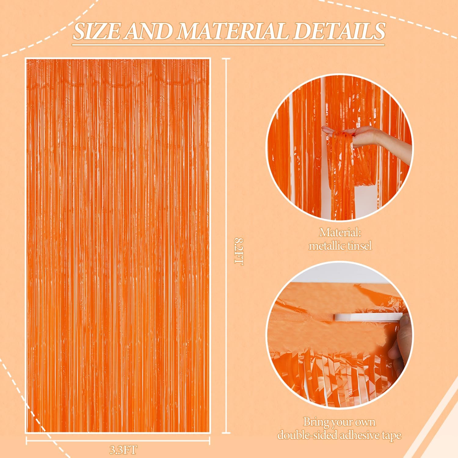 3 Pack Foil Fringe Backdrop - Orange Shiny Tinsel Curtains for Party Decoration/Photo Booth Props - 3.3x8.2 FT Metallic Foil Backdrop for Birthday, Wedding, Graduation, Christmas. - Image 3