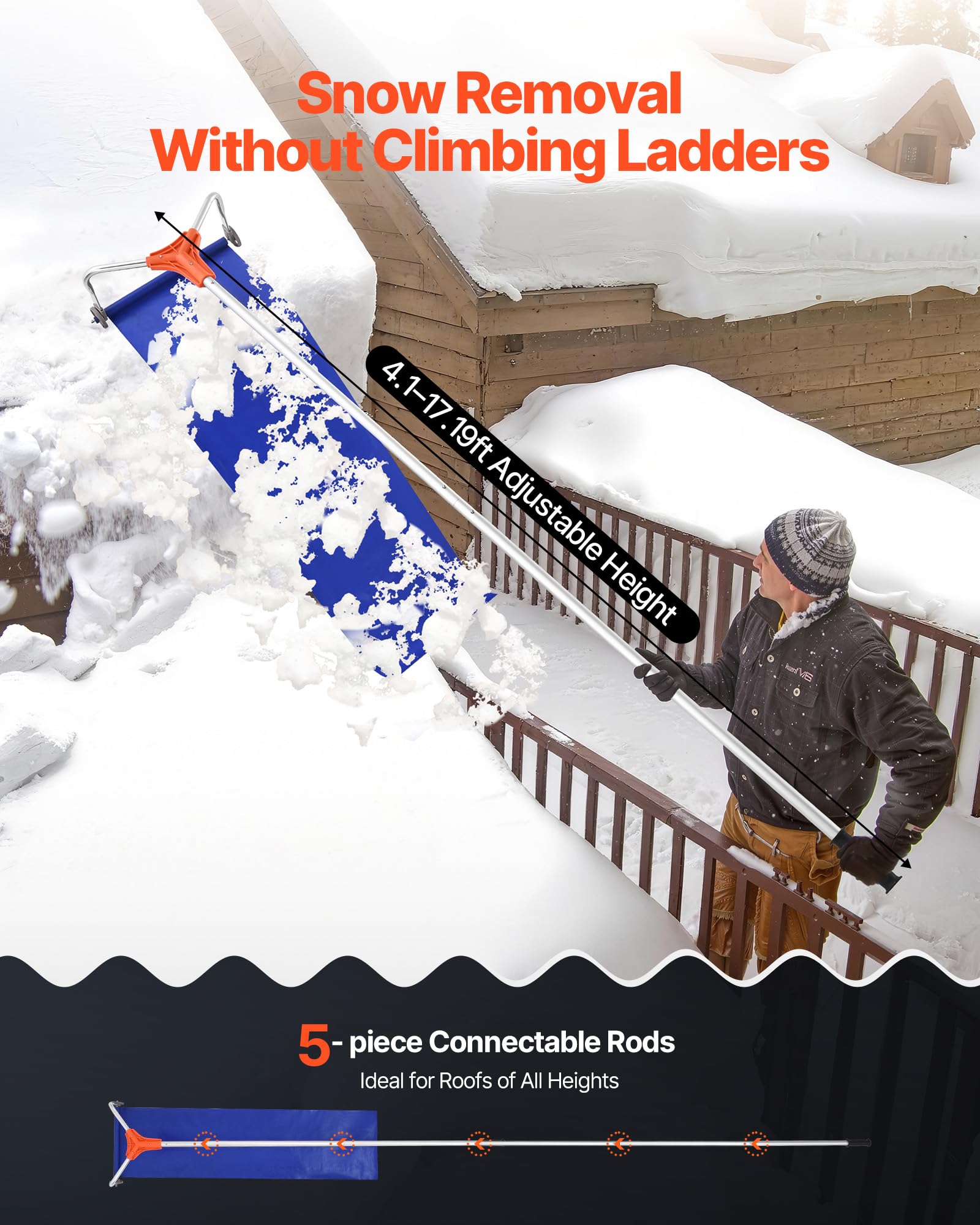 VEVOR Rastrillo de Nieve para Techo 125 - 524 cm con Raspador de 432 mm, Herramienta de Eliminación de Nieve, Mango Antideslizante, Protectoras de Techo con Ruedas para Hojas Caídas, Escombros