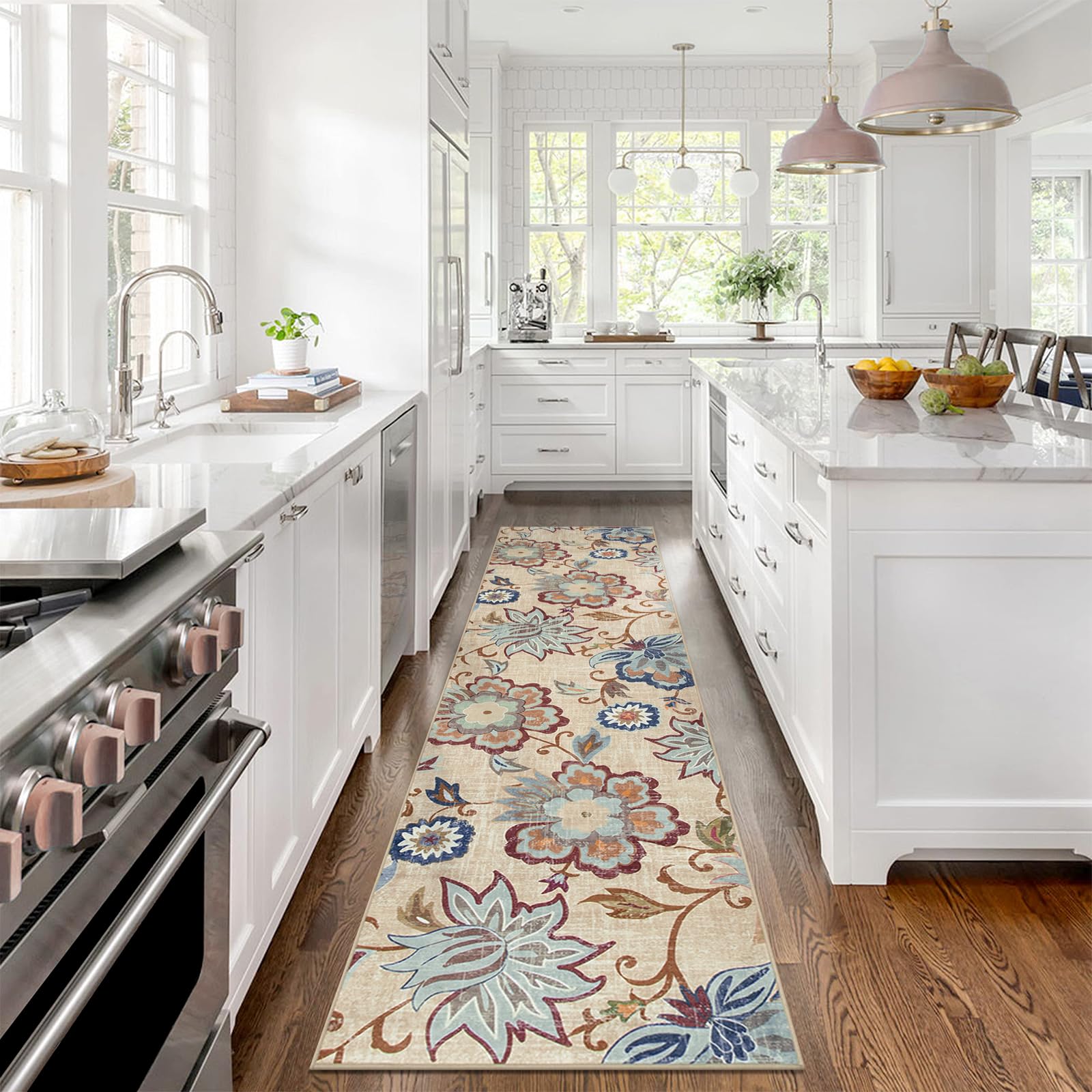Beeiva Floral Carpet Runners for Hallway 8ft, Hallway Washable Kitchen Runner Rug Non Slip, Ultra Thin Vintage Plant Carpet Rugs with Low Pile for
