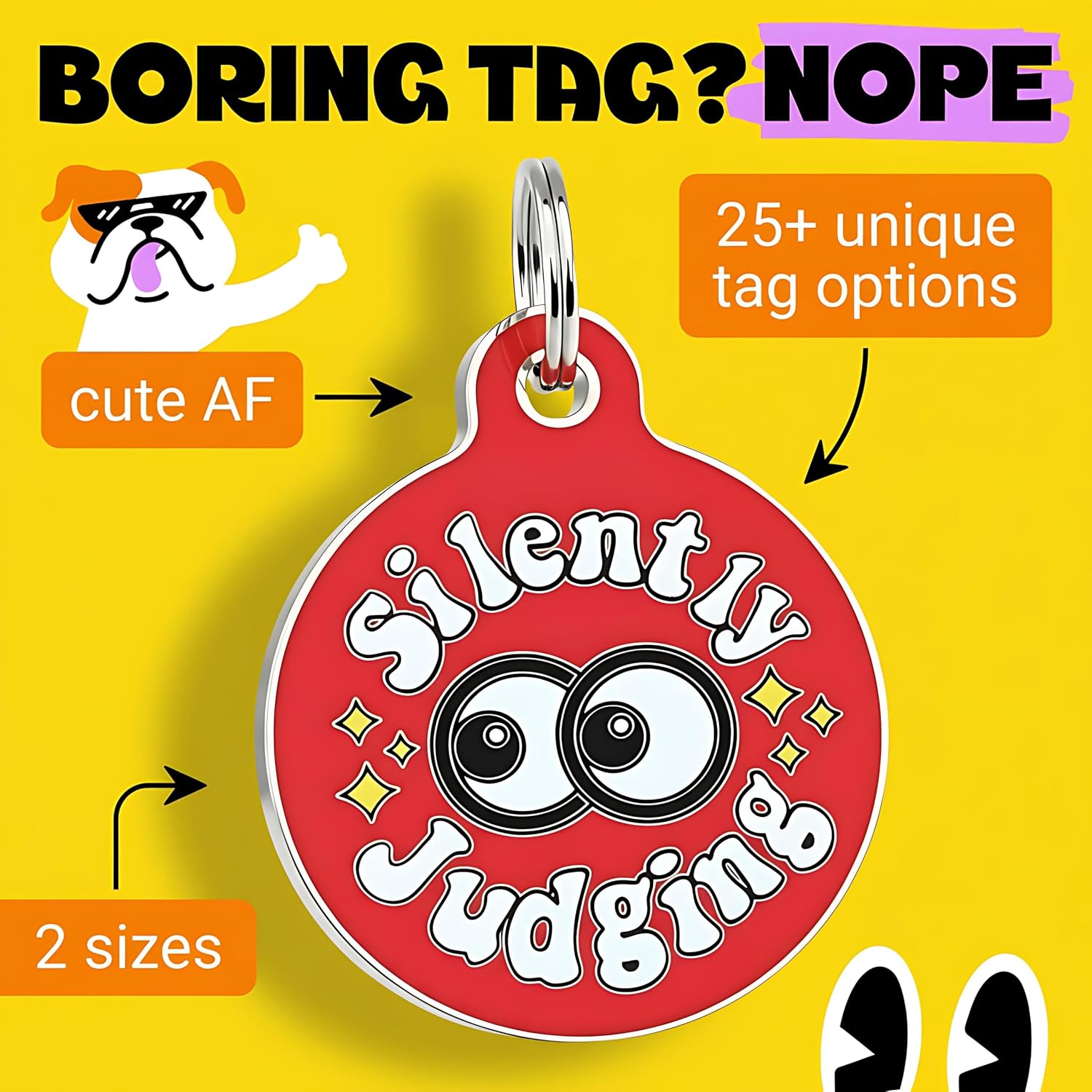 Bad Tags Personalized Dog and Cat ID Tags in 25+ Designs and 2 Sizes - 5 Lines of Custom Engraved Text - Funny Cute Personalized Pet Tags (Silently Judging - Red, Large (1.25 inch))