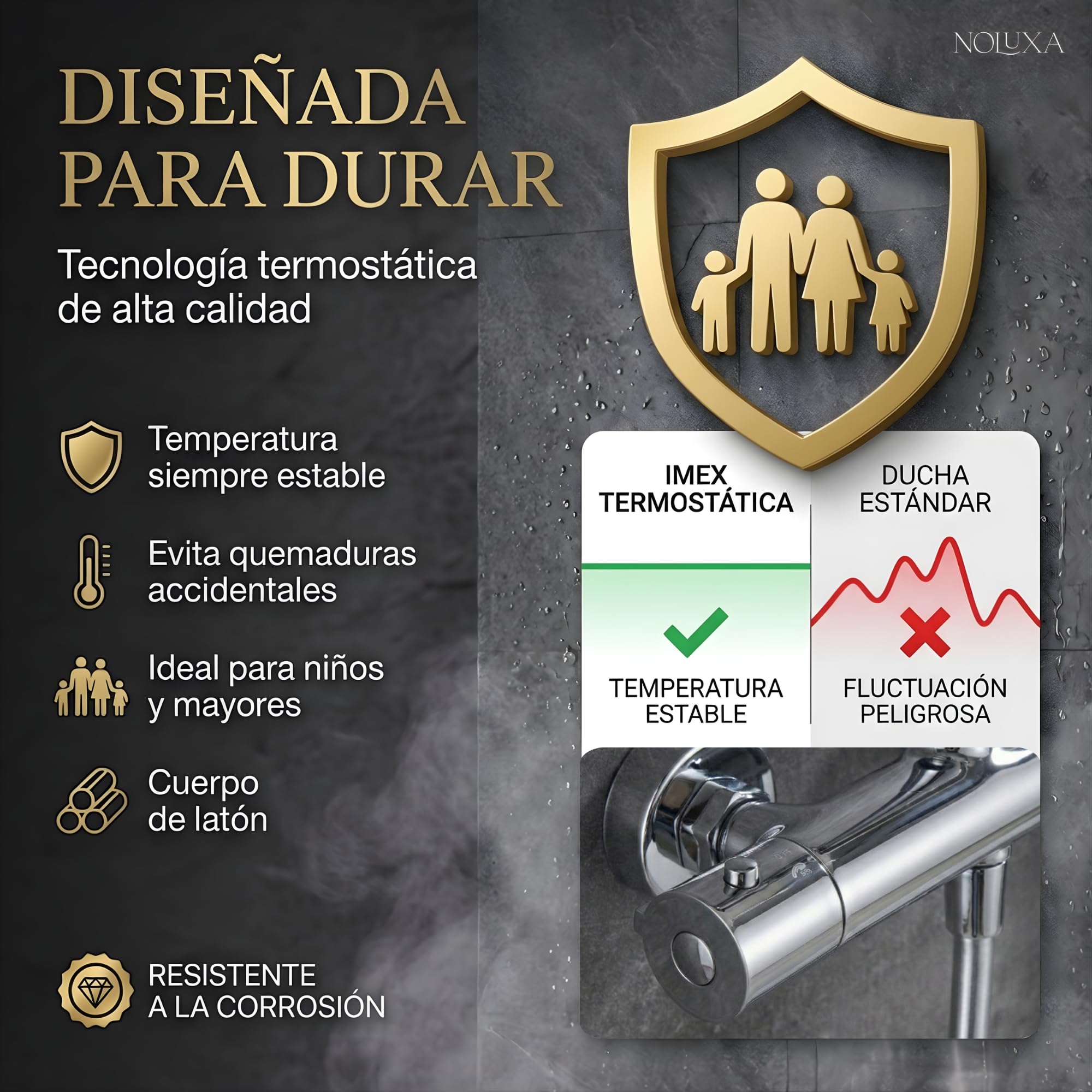 IMEX - Columna Ducha Termostatica con Grifo | Conjunto de Ducha con Alcachofa y Rociador Antical Efecto Lluvia | Griferia en Latón y Acero Inox S.304 con Barra Extensible Cromada | Serie Londres