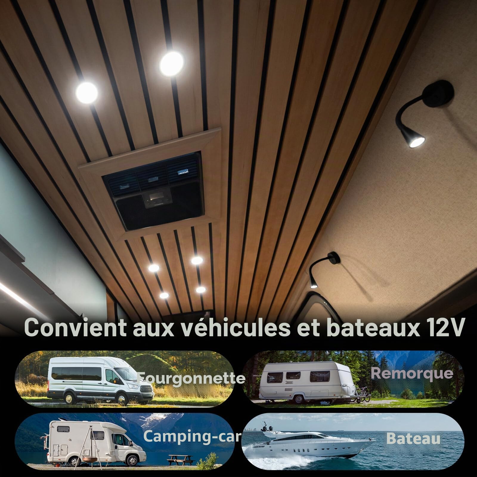 acegoo Lampe de Lecture LED 12V Dimmable 2 pièces Camping-Car Bateau Murale de Chevet Col de Cygne Lumière 3200K avec Chargeur USB & Interrupteur Variateur pour Caravane Van Voiture Camion