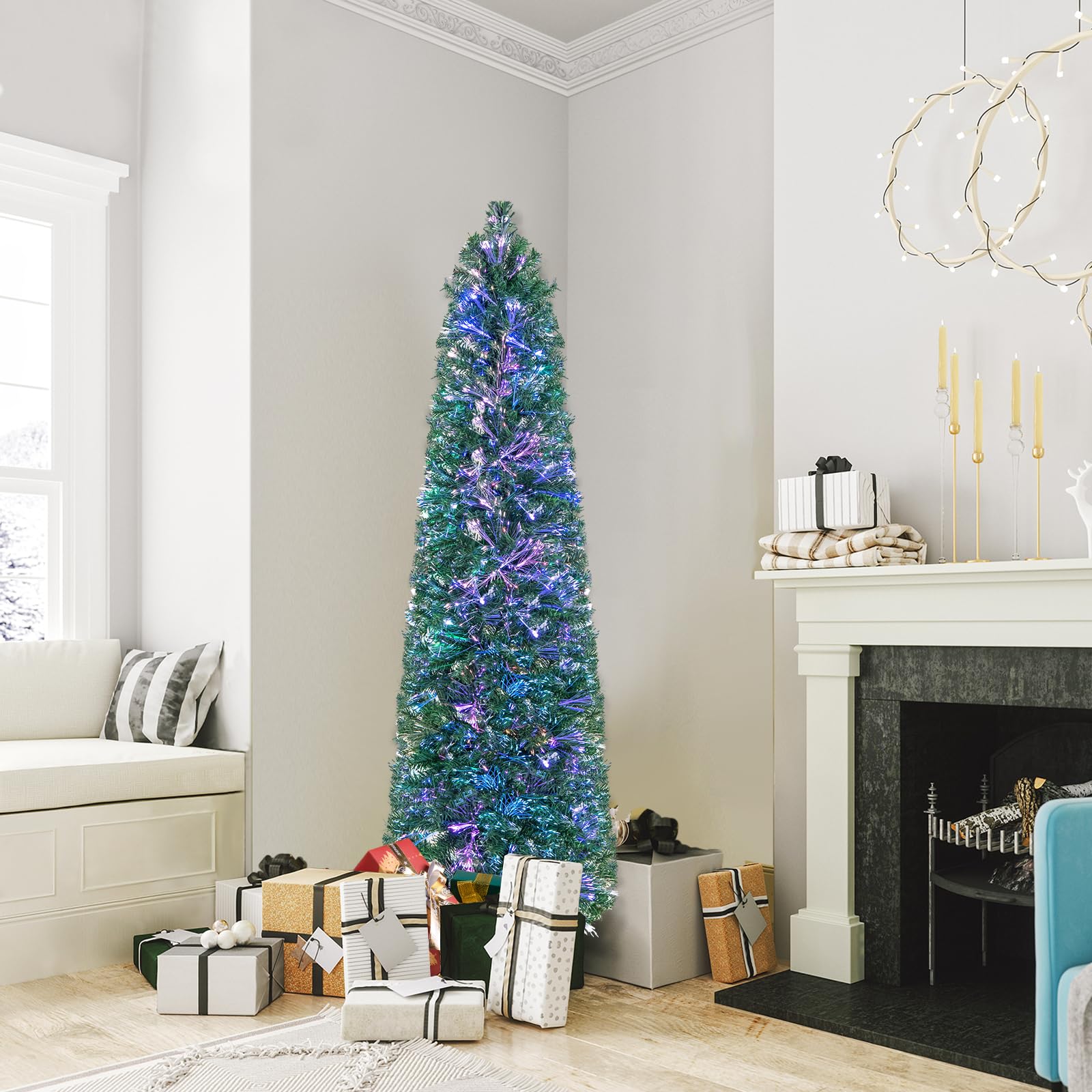 RELAX4LIFE Albero di Natale Artificiale Slim 180cm con Fibre Ottiche, Effetto Realistico e Luci Colorate,Base Pieghevole in Ferro
