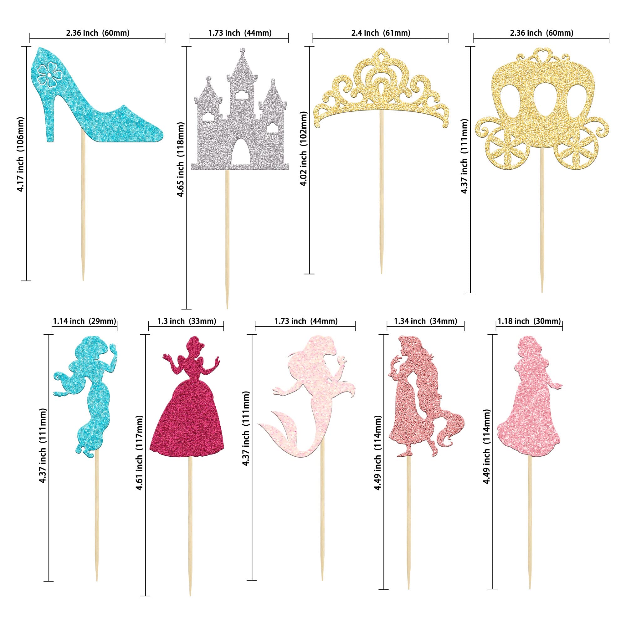 Gyufise 36Pcs Princess Cupcake Toppers Colorful Glitter Mermaid Girl Castle Carriage High Heel Crown Cupcake Picks Princess Theme Baby Shower Girls Birthday Party Cake Decorations Supplies