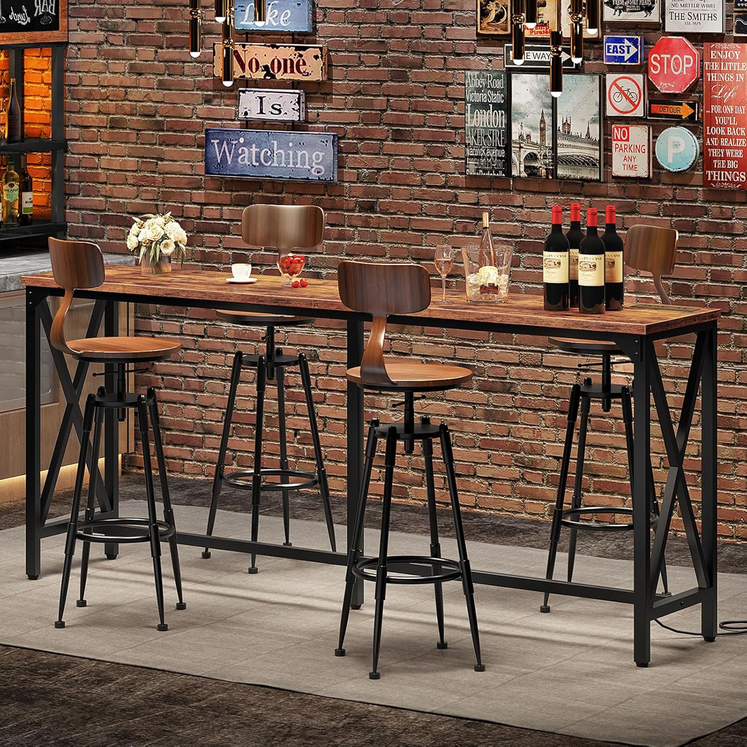 Choezon 70.9" Industrial Bar Table with Power Outlet, USB Ports & Footrest - Rustic Brown/Black Kitchen Pub Table TBT08UBF