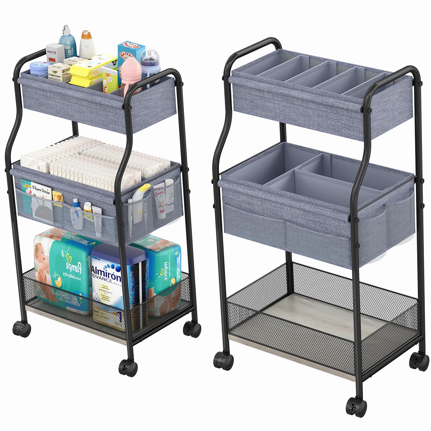 3-Tier Baby Diaper Caddy Organizer and Storage Cart, Mobile Metal Utility Cart with Rolling Wheels for Nursery Essentials with 4+2 Dividers, Large Capacity Rolling Cart For Kitchen, Bathroom, Office
