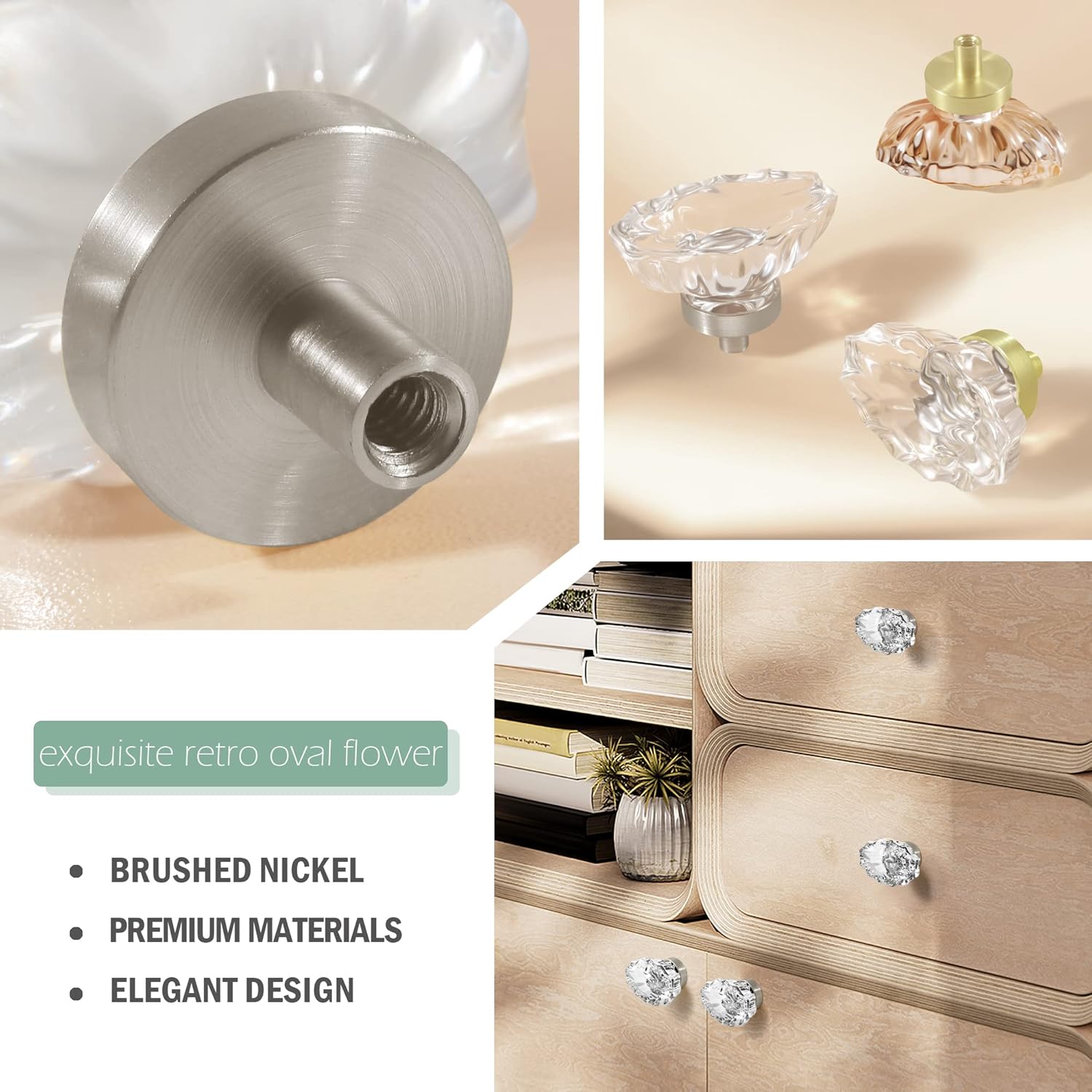 Glass Cabinet Knobs Brushed Nickel,Crystal Pulls and Knobs for Dresser Drawer,Kitchen Cabinet Knobs (Oval,4 Pack)