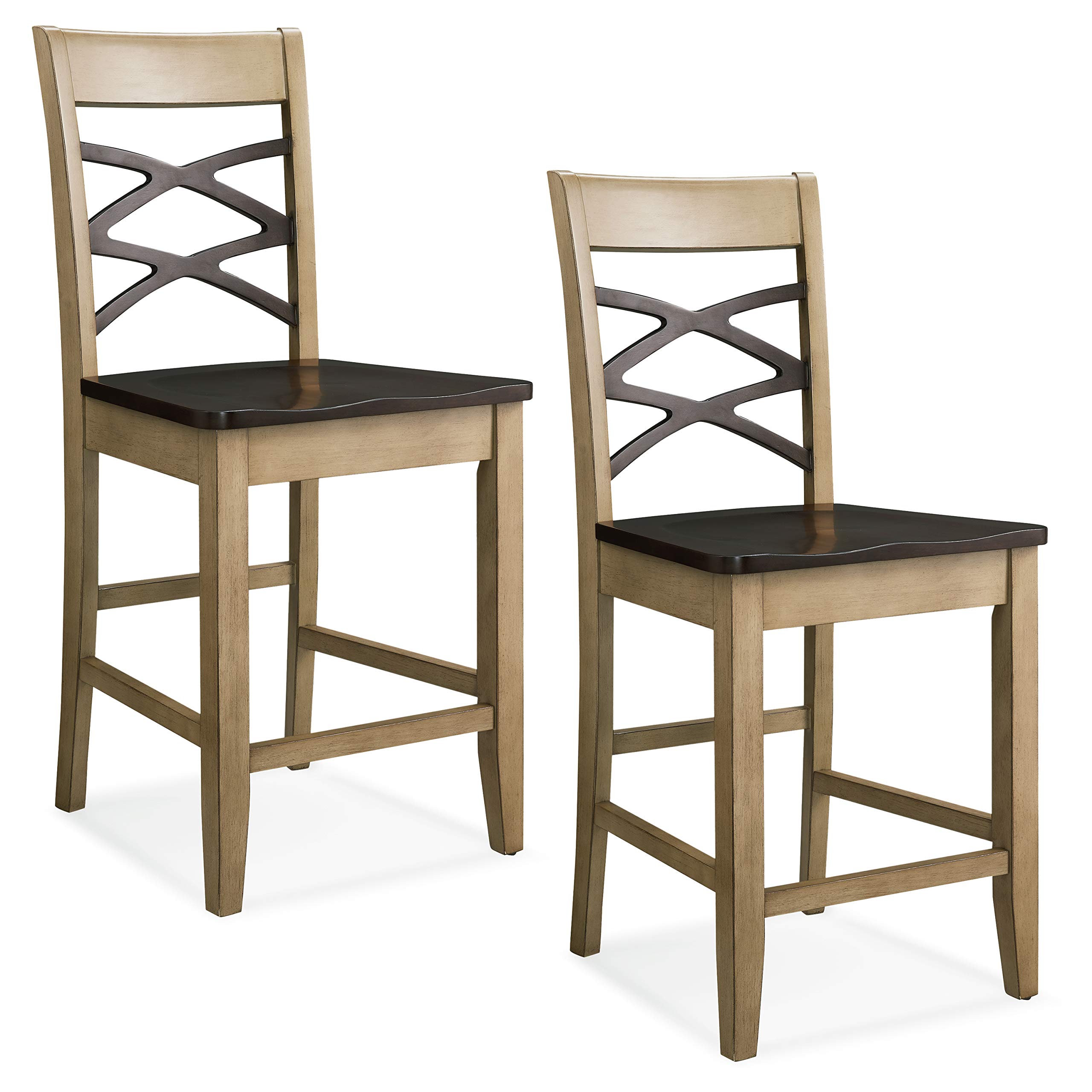 Leick Home 10084DS/CH Double Cross Back Counter Height Stool with Scooped Wood Seat, Set of 2, Two-Tone Desert Sands and Chocolate Oak