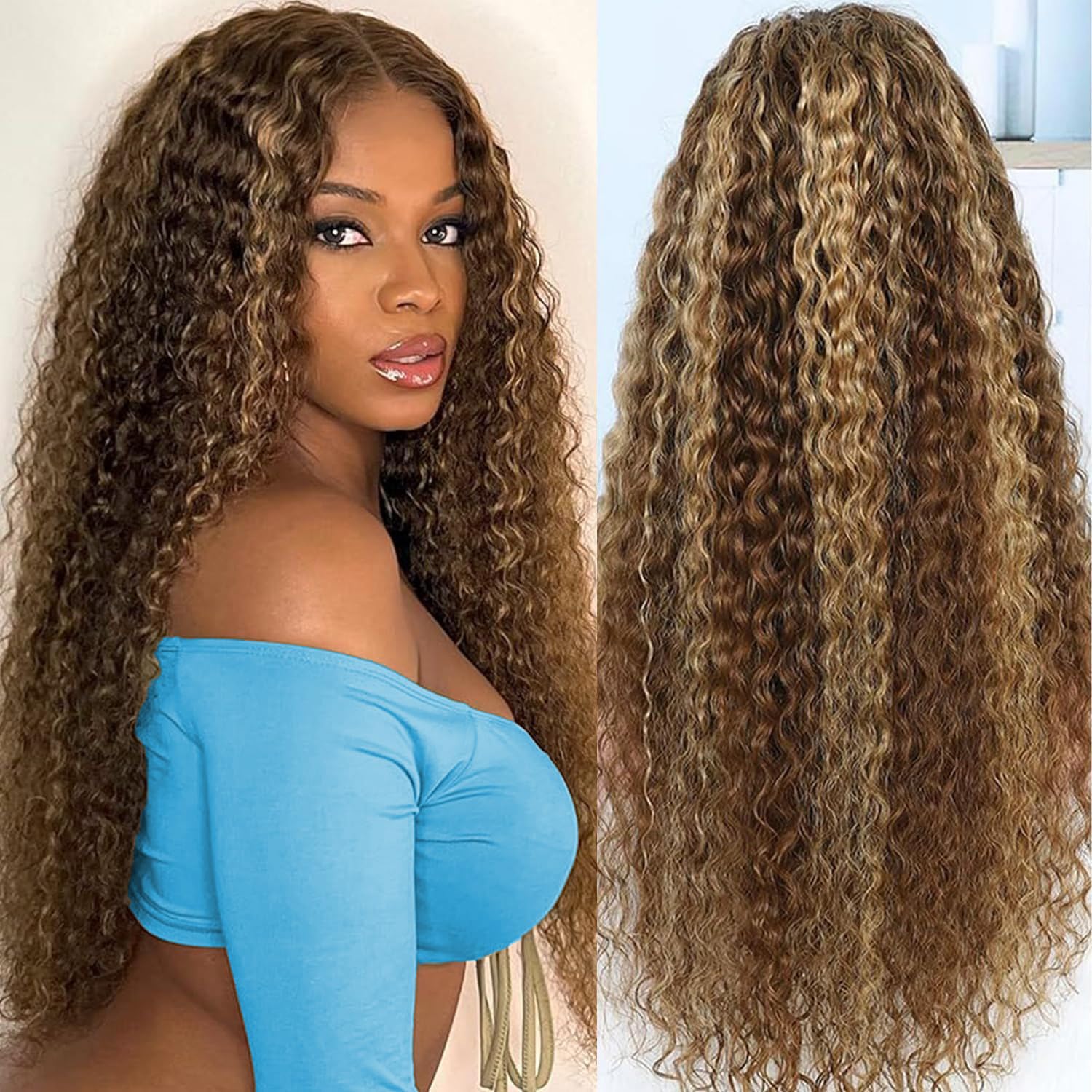 Aimking 30 Inch Highlight Wigs Human Hair Lace Front Wigs Human Hair 13x6 Deep Wave Wigs 180% Density 4/27 HD Curly Honey Blonde Wig Human Hair Pre