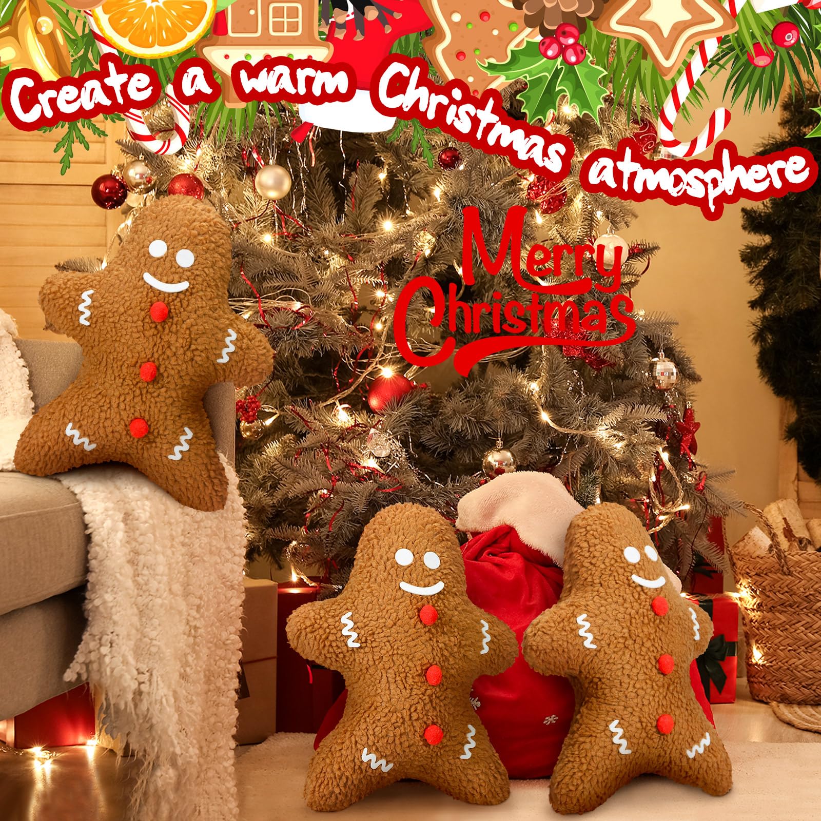 Chitidr 3 Pcs Christmas Gingerbread Man Throw Pillow Gingerbread Man Shaped Cushion Christmas Decorative Pillows Pillow Filling Christmas Toys Stuffed Decor for Home Bedroom Couch Decorations