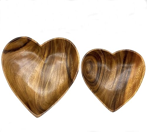 Juego de 2 cuencos de madera de acacia hechos a mano con forma de corazón, cuencos decorativos para ensalada, aperitivos, joyas, exhibición de