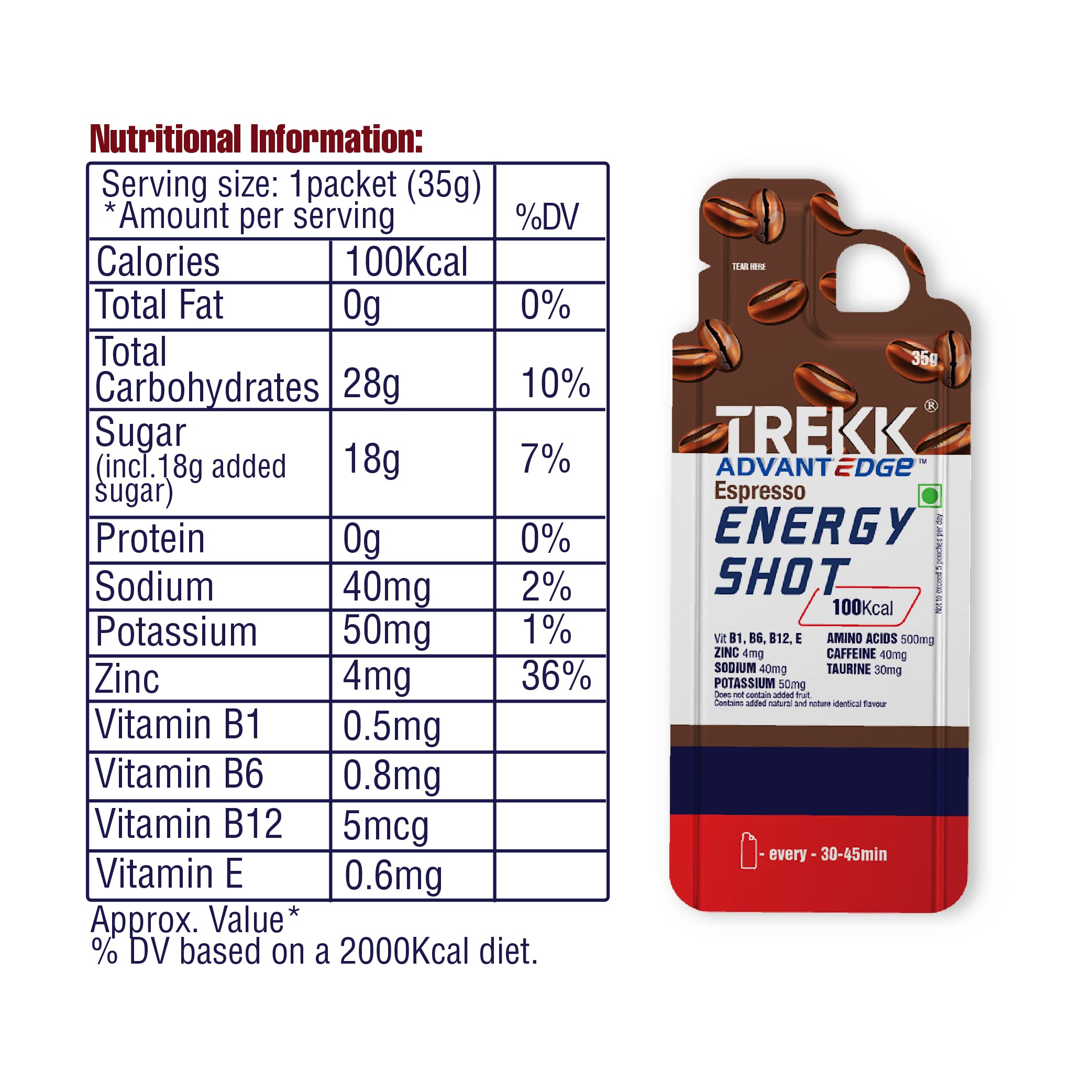 Trekk Nutrition’s Energy Gels for Running, Cycling and Swimming: 500mg BCAA, Caffeine, Vitamins & Minerals. 100Kcal per Gel Pack. Quickest way to recover fatigue. Espresso Coffee Flavour — Amazon image 4