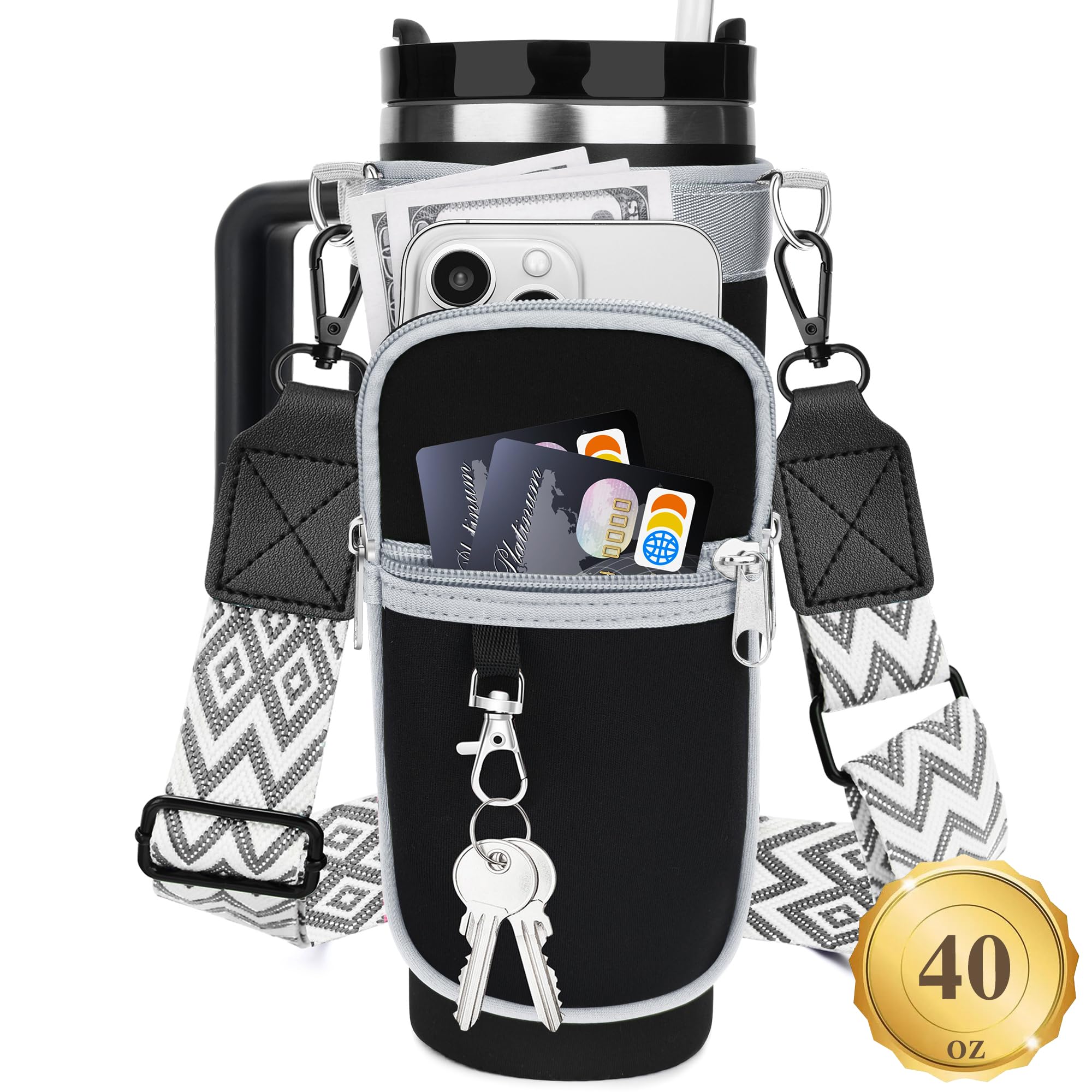Water Bottle Carrier Bag with Strap for Stanley 40/30 oz Tumbler with Handle, Water Bottle Holder Pouch with Phone Pocket for Stanley Cup Accessories,