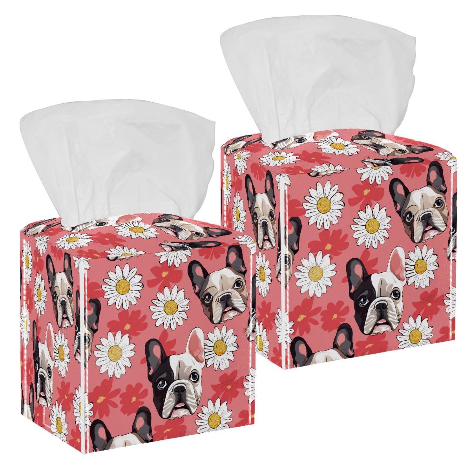 Bulldog Daisy Tissue Box Cover, 2 Pack PU Leather Square Facial Tissue Dispenser Box holder for Home Office Car