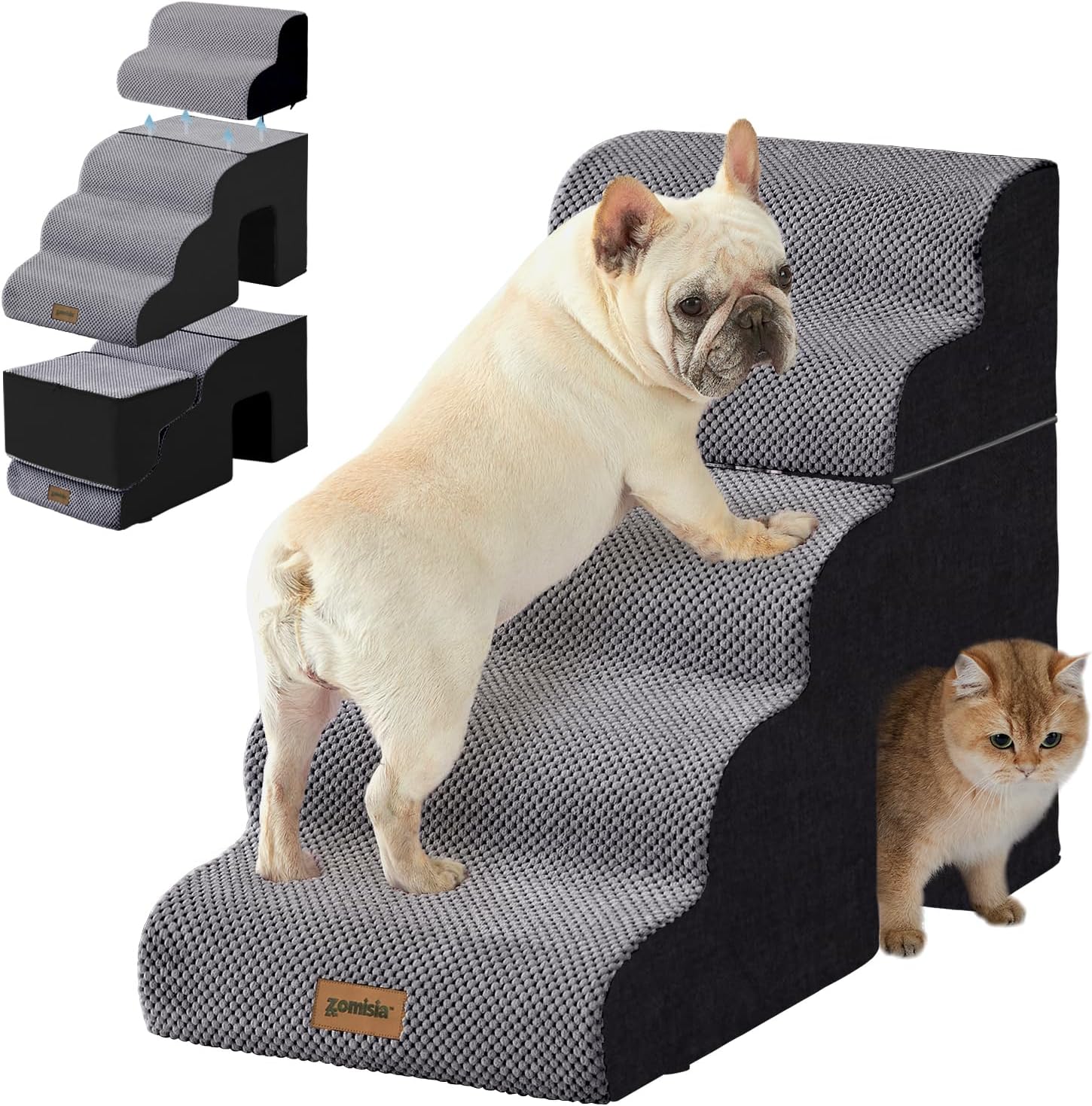 Dog Ramp for Large Dogs - 5 Steps 24" H Pet Stairs for High Bed with Tunnel 2 in 1 with Zippers Suitable, Indoor Cat Ladders with Non-Slip Bottom, Black 5-Steps Curved Black Fleece