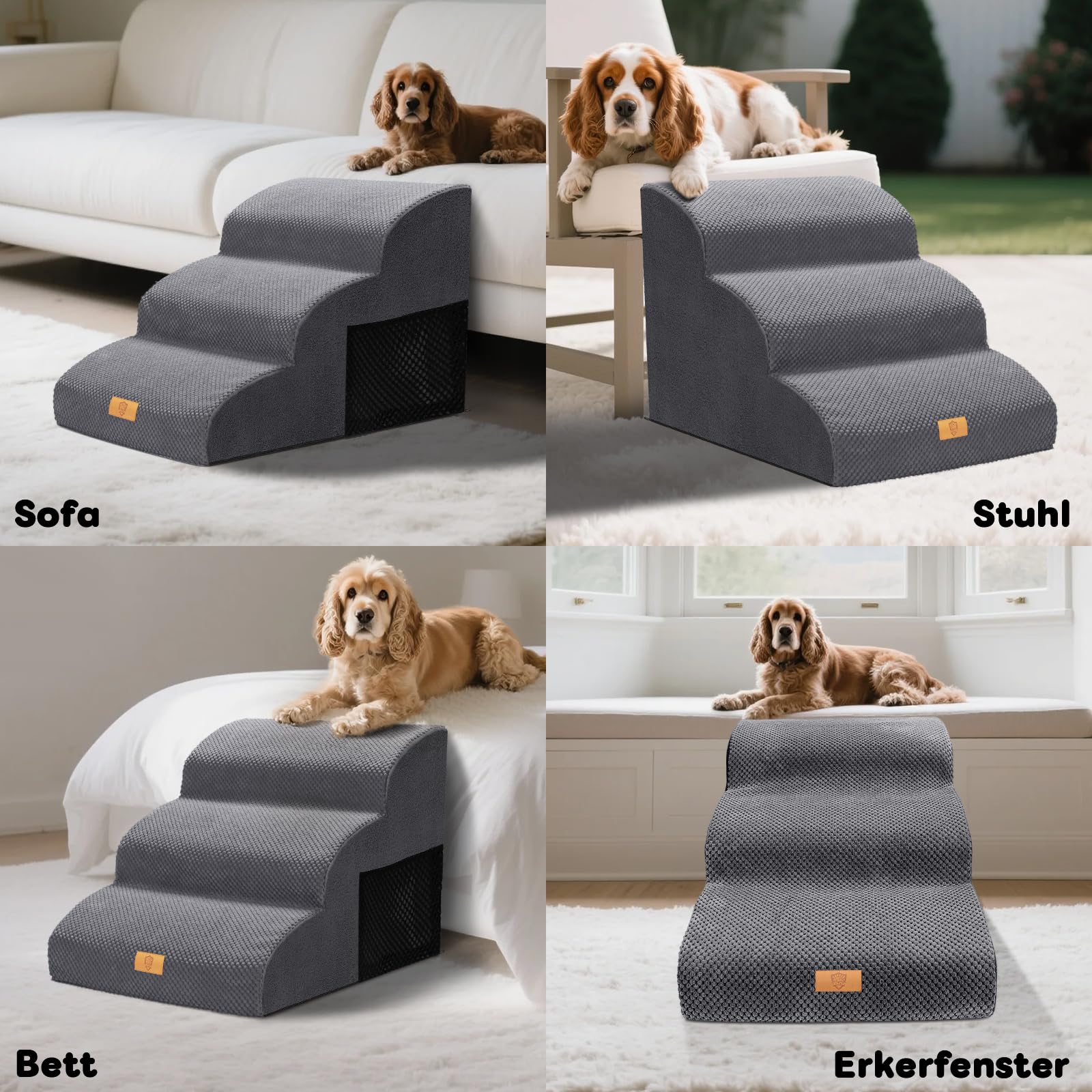 Haustiertreppe 3 Stufen, 30D Schaumstoff Hundetreppe bis 23kg, rutschfest & Waschbar, Tragegriff, Seitentasche, Gelenkschonend für Hunde Katzen, Einstiegshilfe Bett Sofa Auto, Grau 60x40x40cm