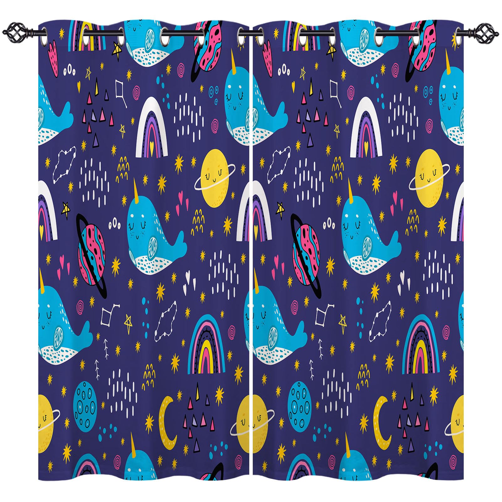 ANHOPE Whale Curtains Eyelet 80% Blackout Room Darkening Curtains with Space Planet Stars Moon Saturn Print Pattern Thermal Insulated Window Drapes for Bedroom Living Room 30 x 63 Inch Drop 2 Panels โ image 1