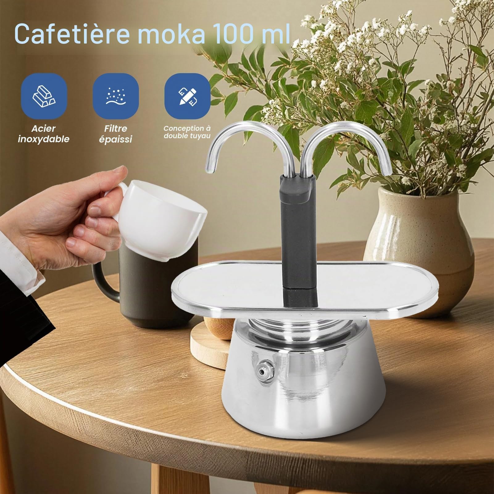 Topyond Moka Pot Cafetière En Acier Inoxydable De 100 Ml Avec Passoire épaisse à Double Tuyau Et Poignée Antidérapante Anti-brûlure Moka Express Cafetière Italienne Et Mini Cafetière