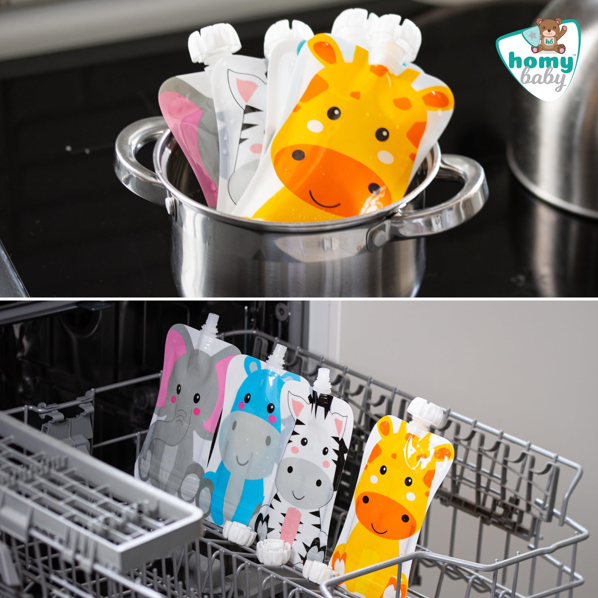 HOMYBABY® Gourdes Compotes Reutilisables Bebe [x4] - Pochette Compote Reutilisable - Sacs Réutilisables pour L'alimentation du Bébé - Gourde Rechargeable Compote aux motifs d'animaux amusants + E-BOOK