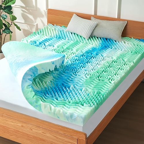Cubrecolchón de espuma viscoelástica de 3 pulgadas, 7 zonas, tamaño matrimonial, con infusión de gel refrigerante, para aliviar la presión y el