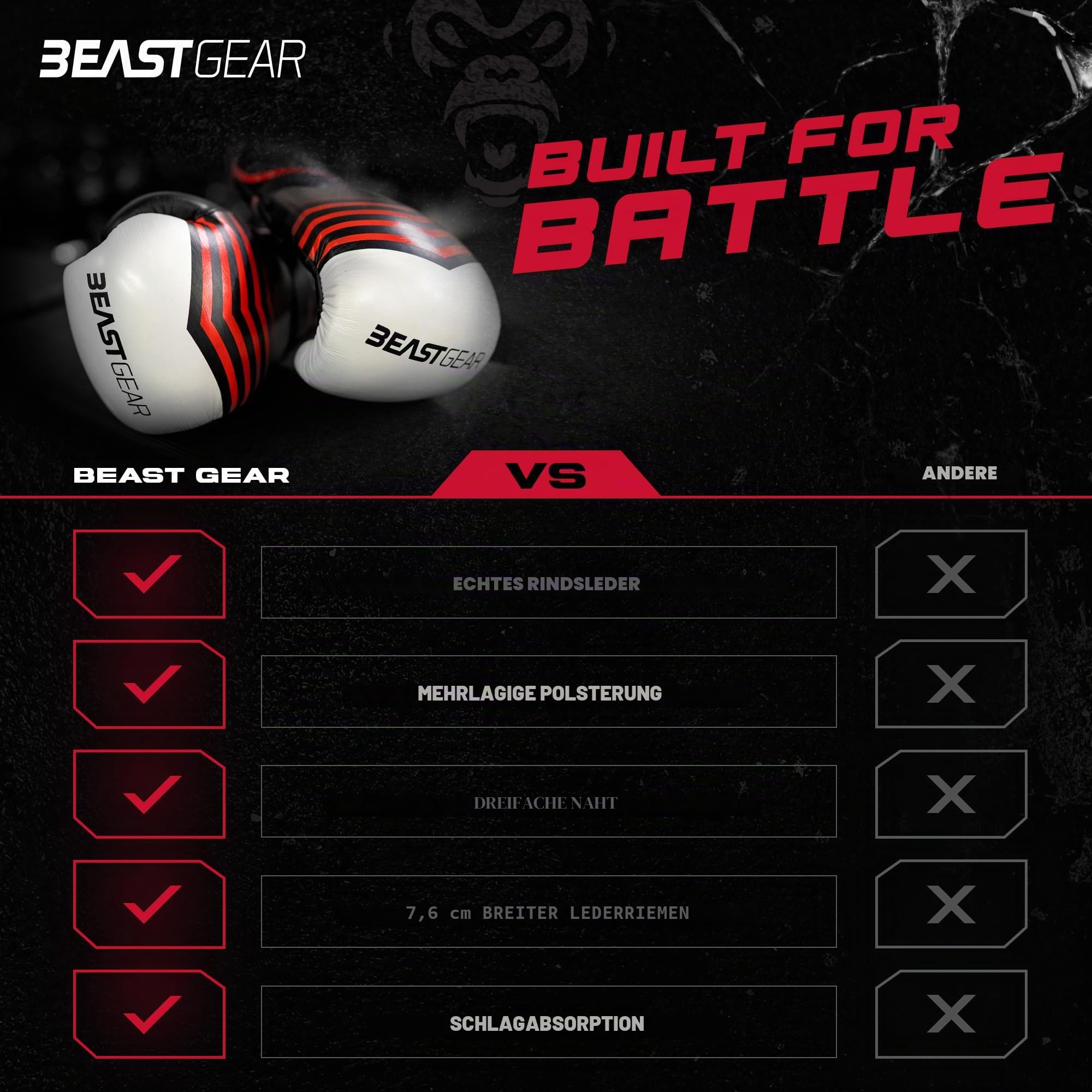 Beast Gear - Boxhandschuhe Simian - Echtes Rindsleder Trainingshandschuhe - Für Boxsack, Pratzen, Sparring