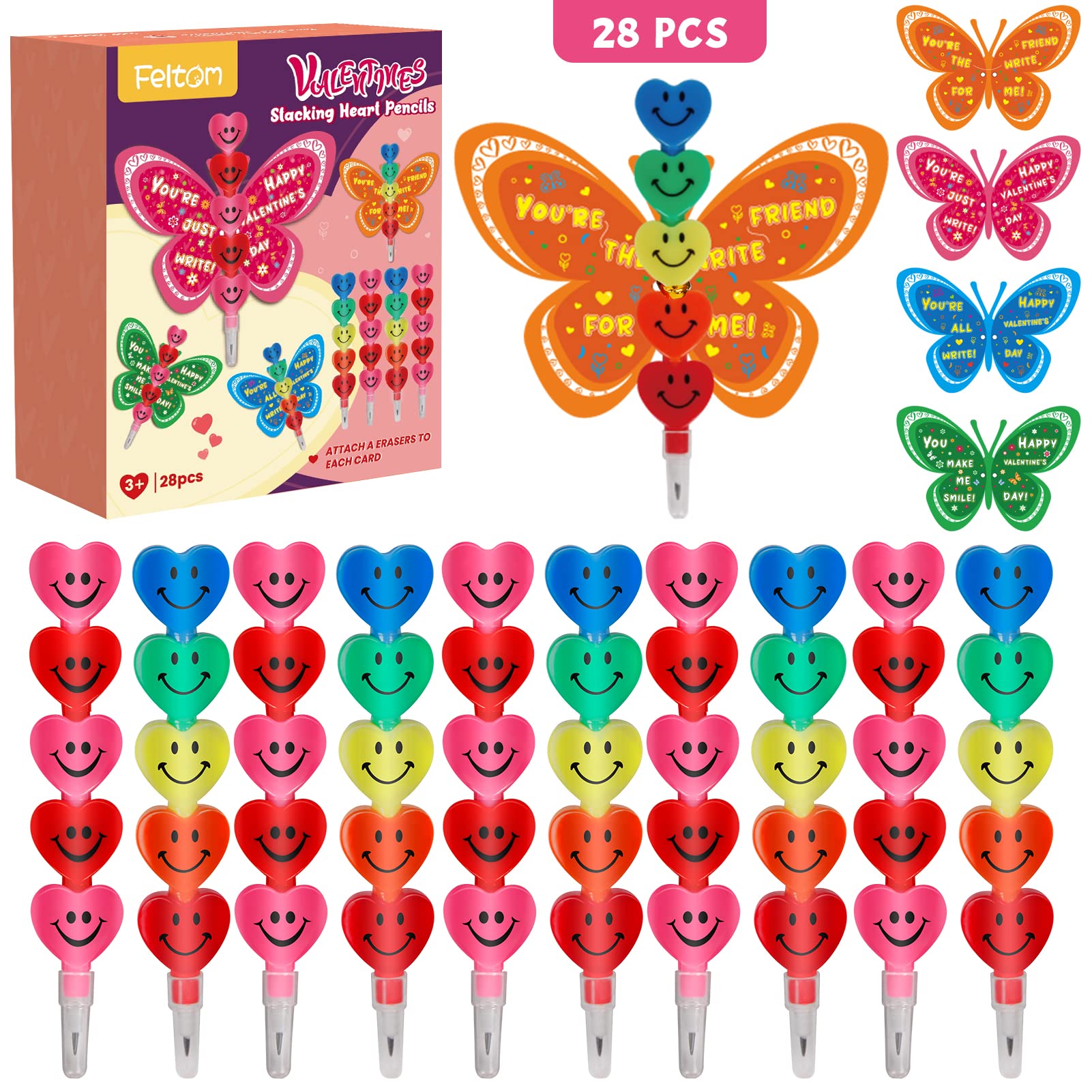 28 Pack Valentines Day Gift Cards for Kids with Stacking Heart Pencils, Valentines Day Gifts for Kids Boys Girls, Valentine School Classroom Party Favor Exchange Prizes Toys Set