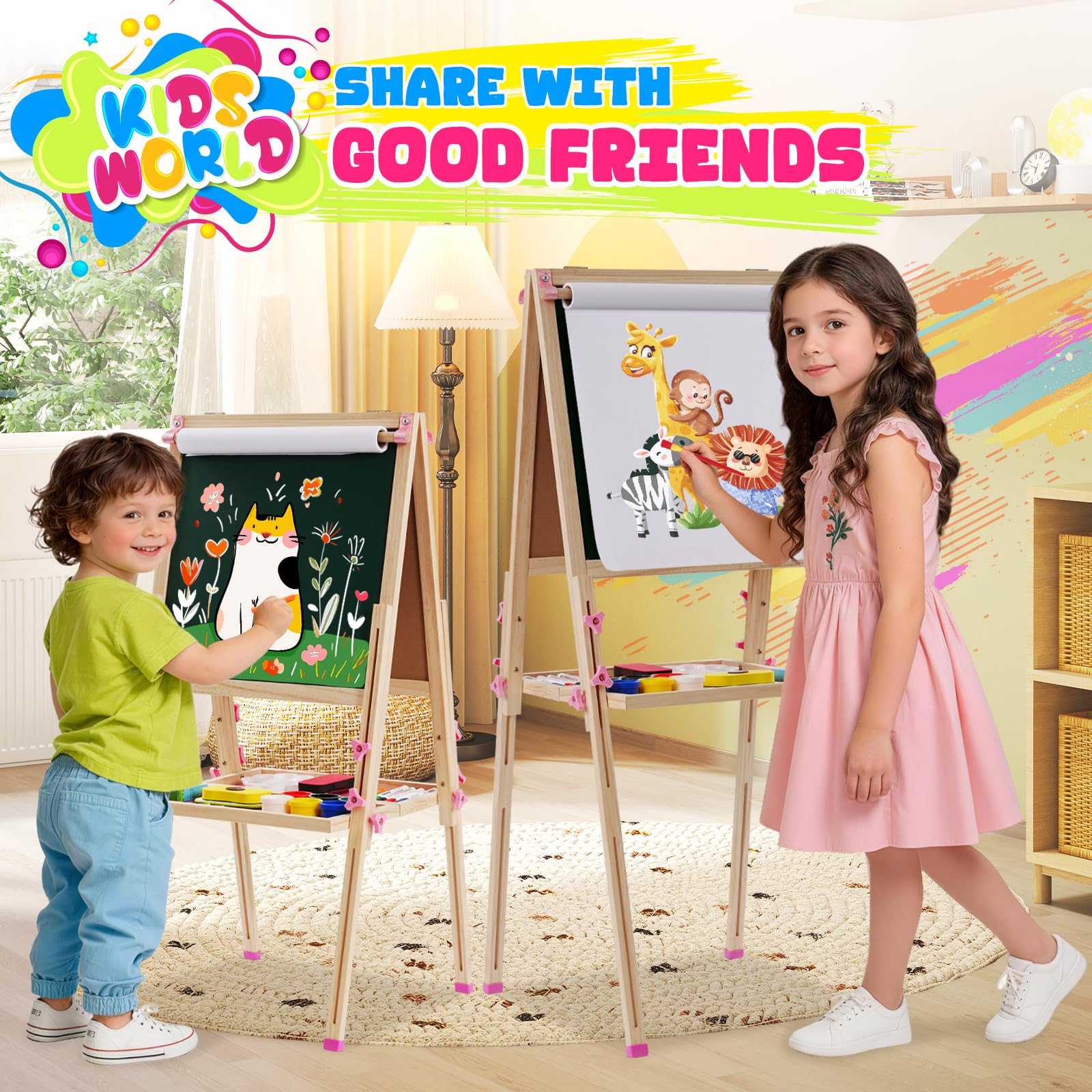 Staffelei Kinder aus Holz,Faltbare Doppelseitige Kunststaffelei für Whiteboard und Kreidetafel,Höhenverstellbar mit Papierrolle, Kreidetafel, Whiteboard, Stift, Reichhaltige Accessoires,Rosa