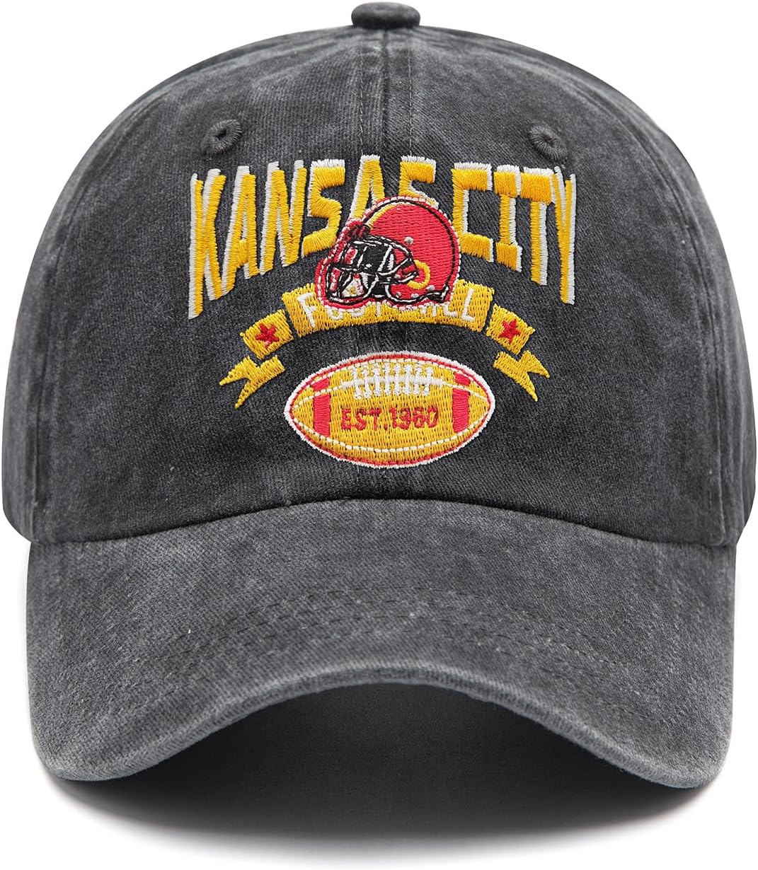 Embroidered City Vintage Washed Denim Football Hats for Men Women, Unisex Adjustable Cotton Fans Baseball Cap