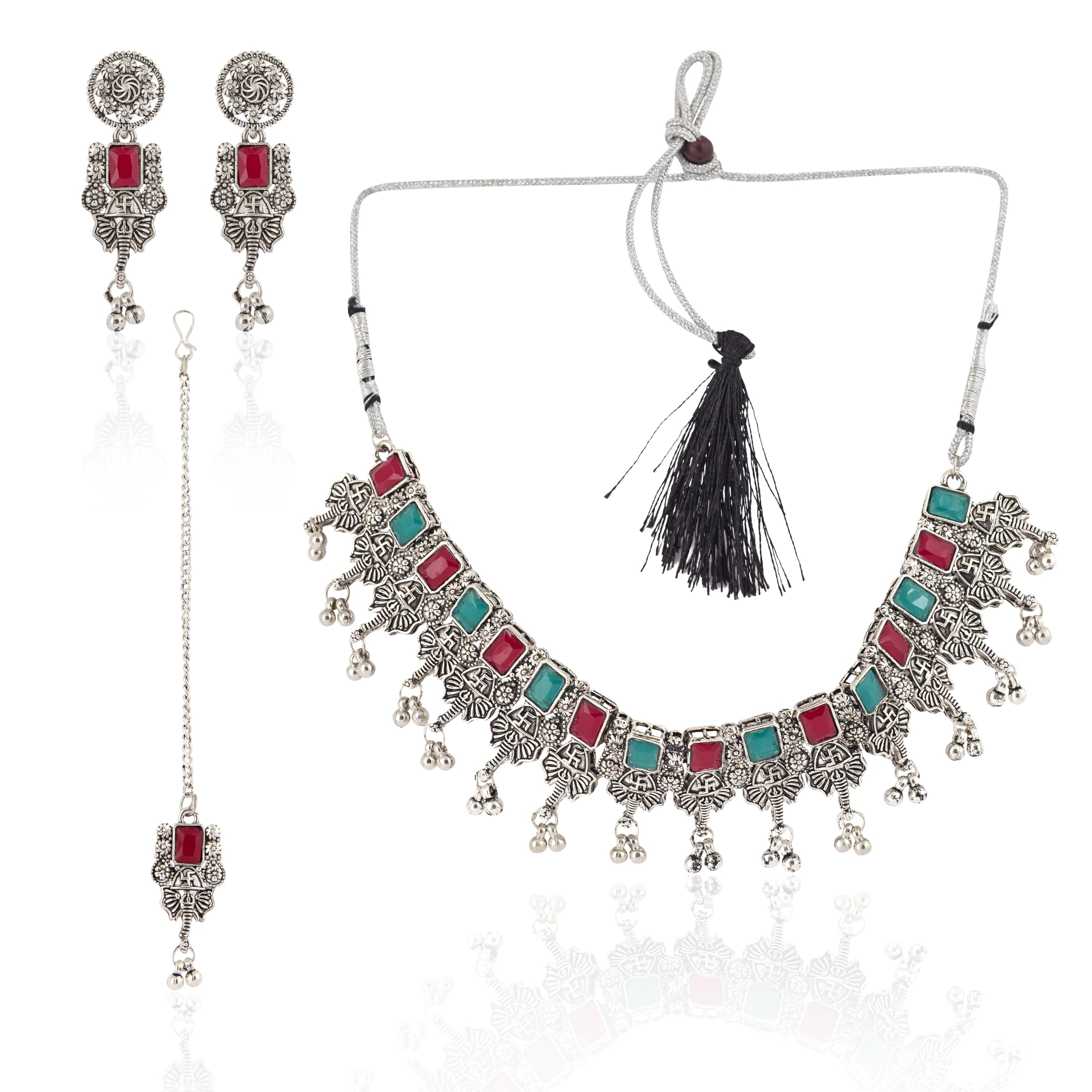 ONYRA Traditional Coloured Stone Oxidised Silver Choker Necklace Set With Maang Tikka for Women (B0CZR8Y9TT) Amazon Price History, Amazon Price Tracker