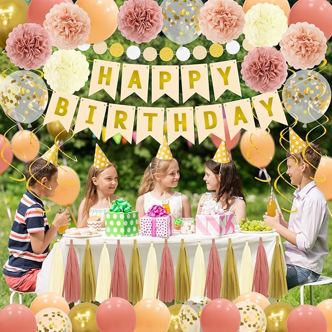 Kit Decoracion Fiesta Boho Retro Rosa Beige 61 Piezas miniatura 6