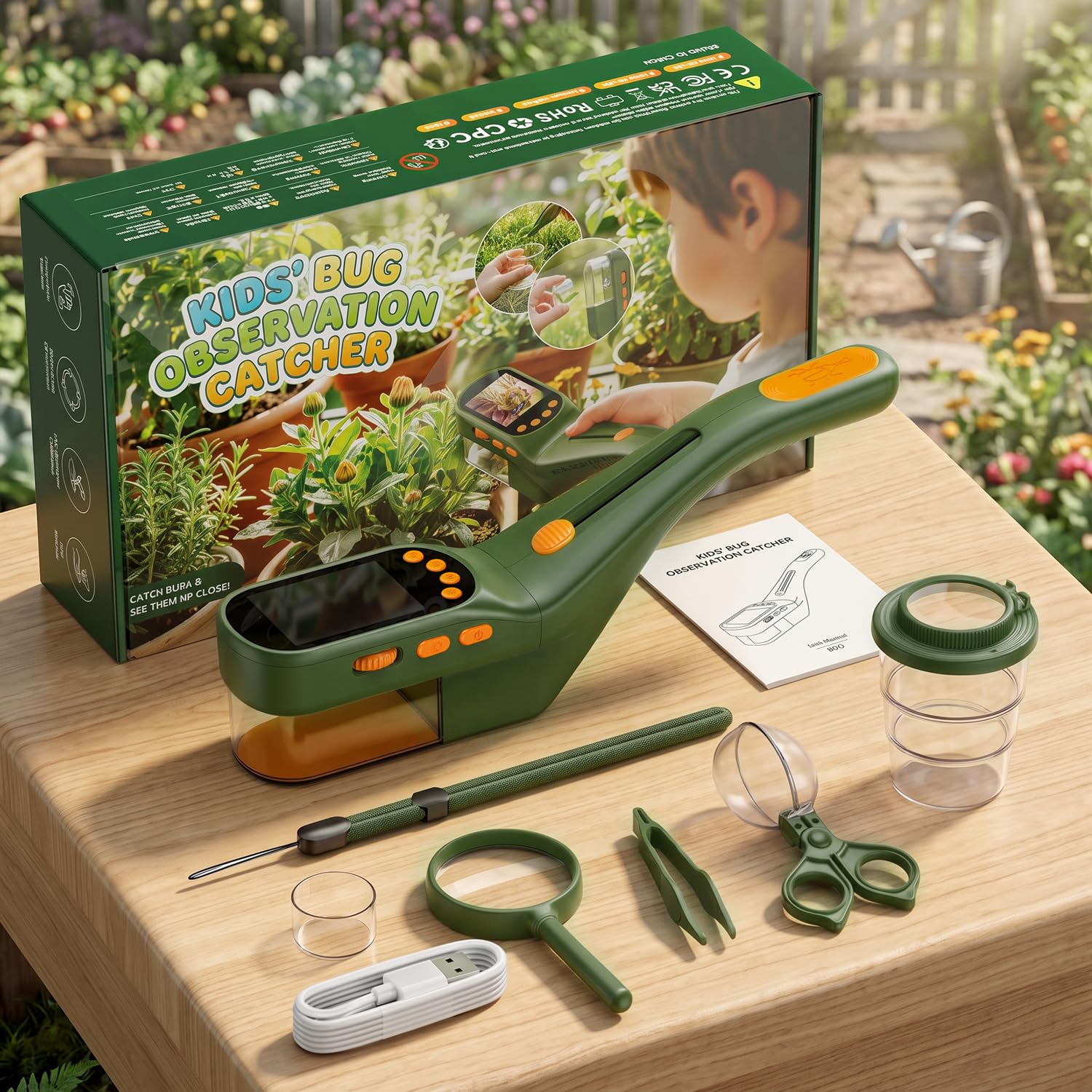 CIMELR Cattura insetti 2,4" HD microscopio – giocattolo natura per bambini | Cattura insetti batteria 1000mAh, 8 LED, fotocamera 1080P, proiezione PC, kit STEM 3-12 anni