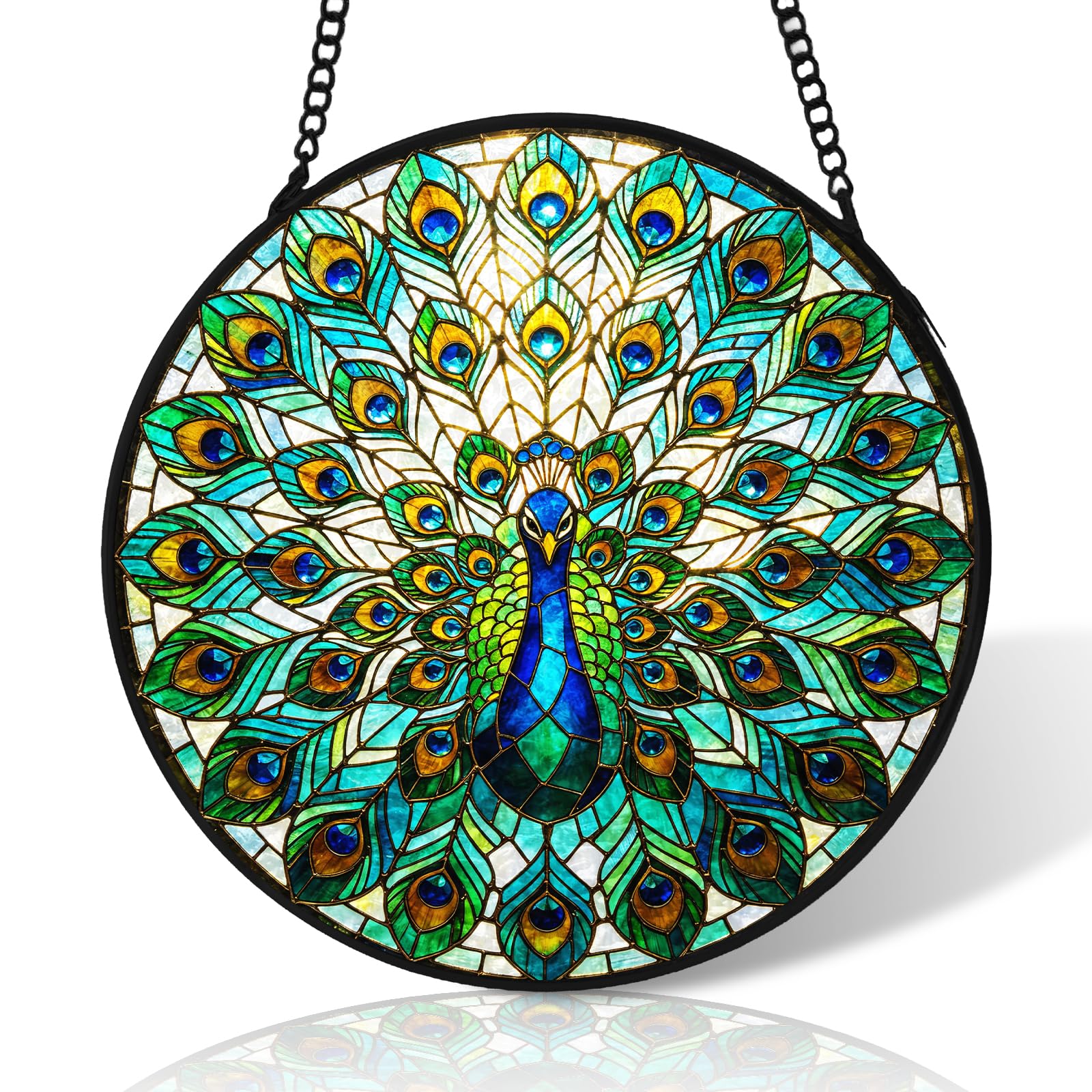 8 inch Green Peacock Stained Glass Suncatcher Windows Hanging,Stained Glass Ornament Home Decor,Suncatchers for Windows Hanging,Birthday Gifts for Women,Lovers,Friend(Black)
