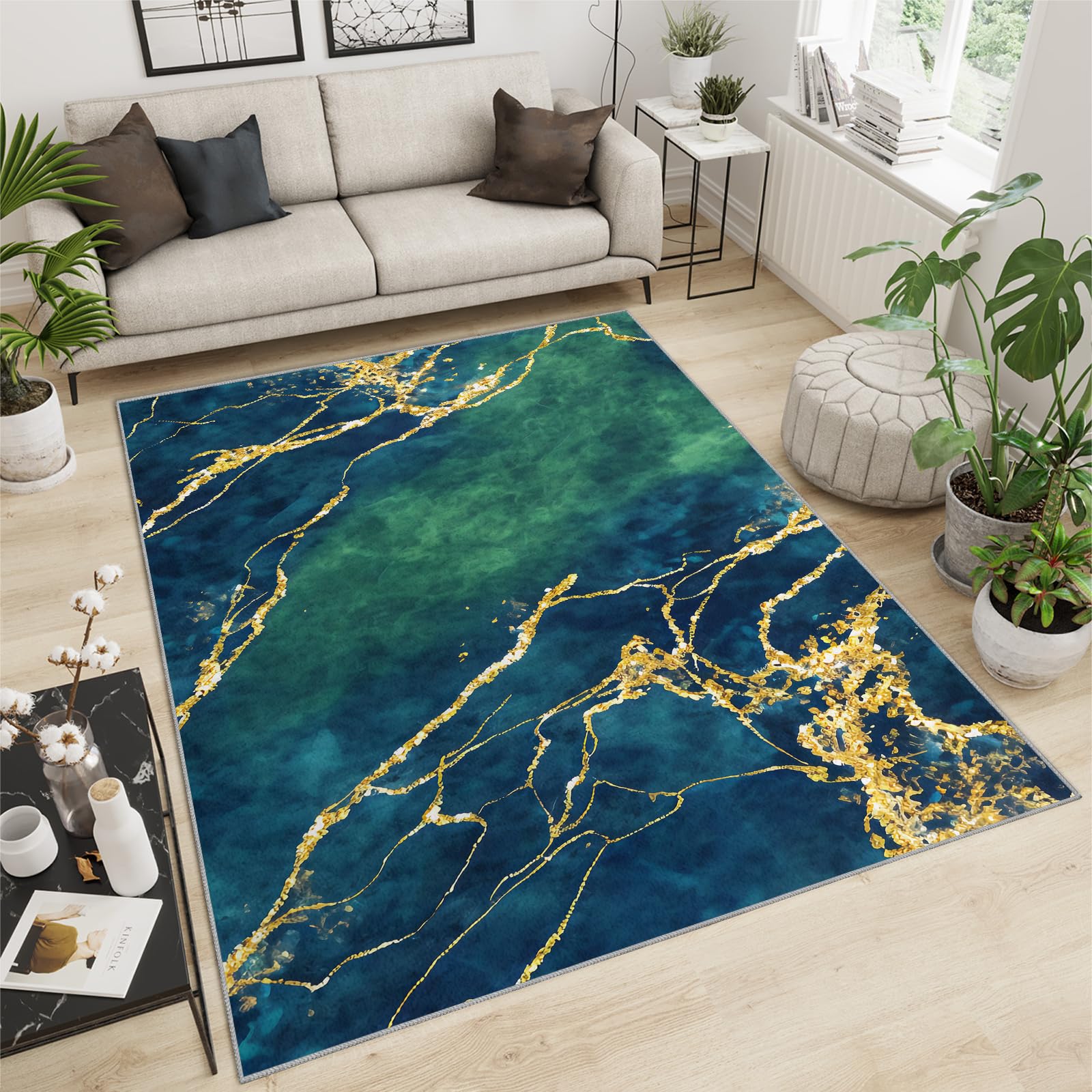 Tapis de marbre vert émeraude doré pour salon, 100x150 cm, tapis de luxe à motif géométrique abstrait pour chambre, tapis de cuisine antidérapant et lavable, tapis à poil court et doux pour