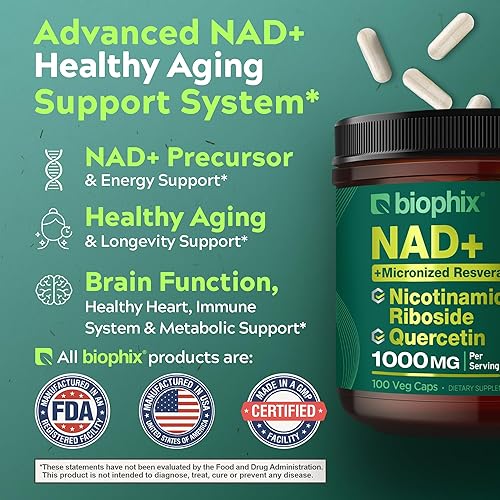 Miniatura 2 de biophix Suplemento liposomal NAD+ para mujeres y hombres, 1000 mg por porción, ribósido de nicotinamida, resveratrol micronizado y complejo de