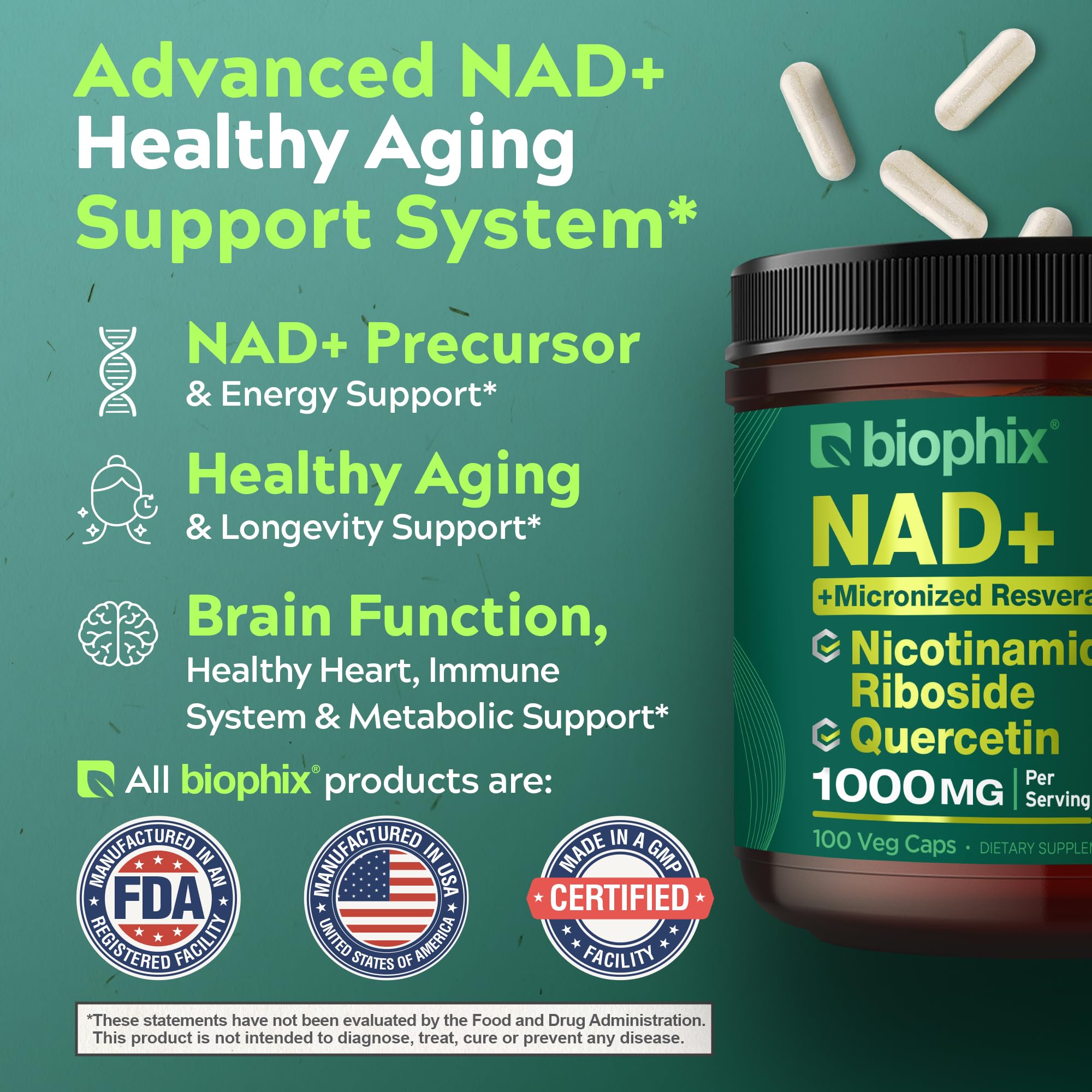 biophix NAD+ Liposomal Supplement for Women & Men - 1000 mg per Serving - Nicotinamide Riboside, Micronized Resveratrol & Quercetin Complex - 100 Veg Capsules Gluten-Free, cGMP Certified — Amazon image 2