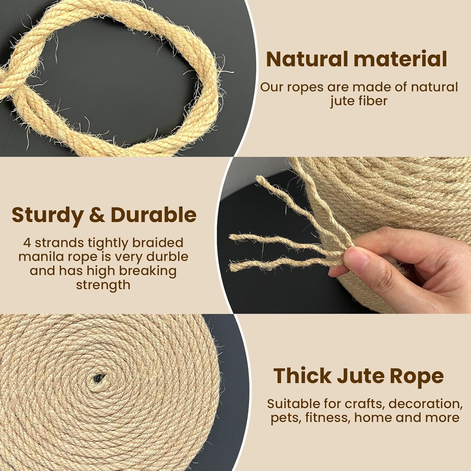 Natural Jute Twine 6mm x 656ft, 4Ply Twisted Heavy Duty Rope Roll for Gardening, Crafting, Bundling, Cat Scratching Post, Home Decor, Christmas Decorations