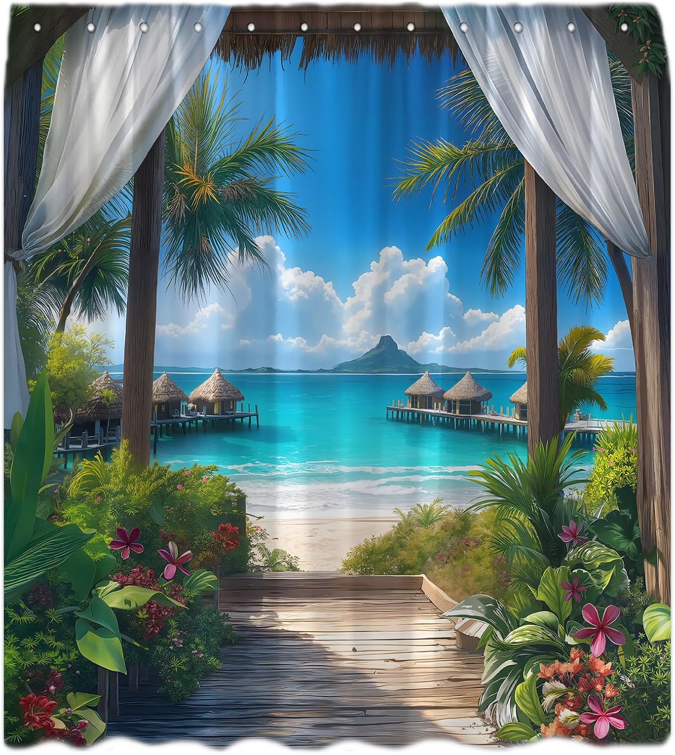 Ocean Beach Shower Curtain Tropical Palm Tree Blue Sky Sunrise Flower Nature Seaside Scenery Wooden Window Hawaii Bathroom Curtains Decor with Hooks