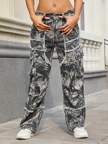 Miniatura 7 de Pantalones cargo unisex de camuflaje, múltiples bolsillos, borde crudo, de gran tamaño, cremallera recta, piernas anchas, ropa de calle para hip