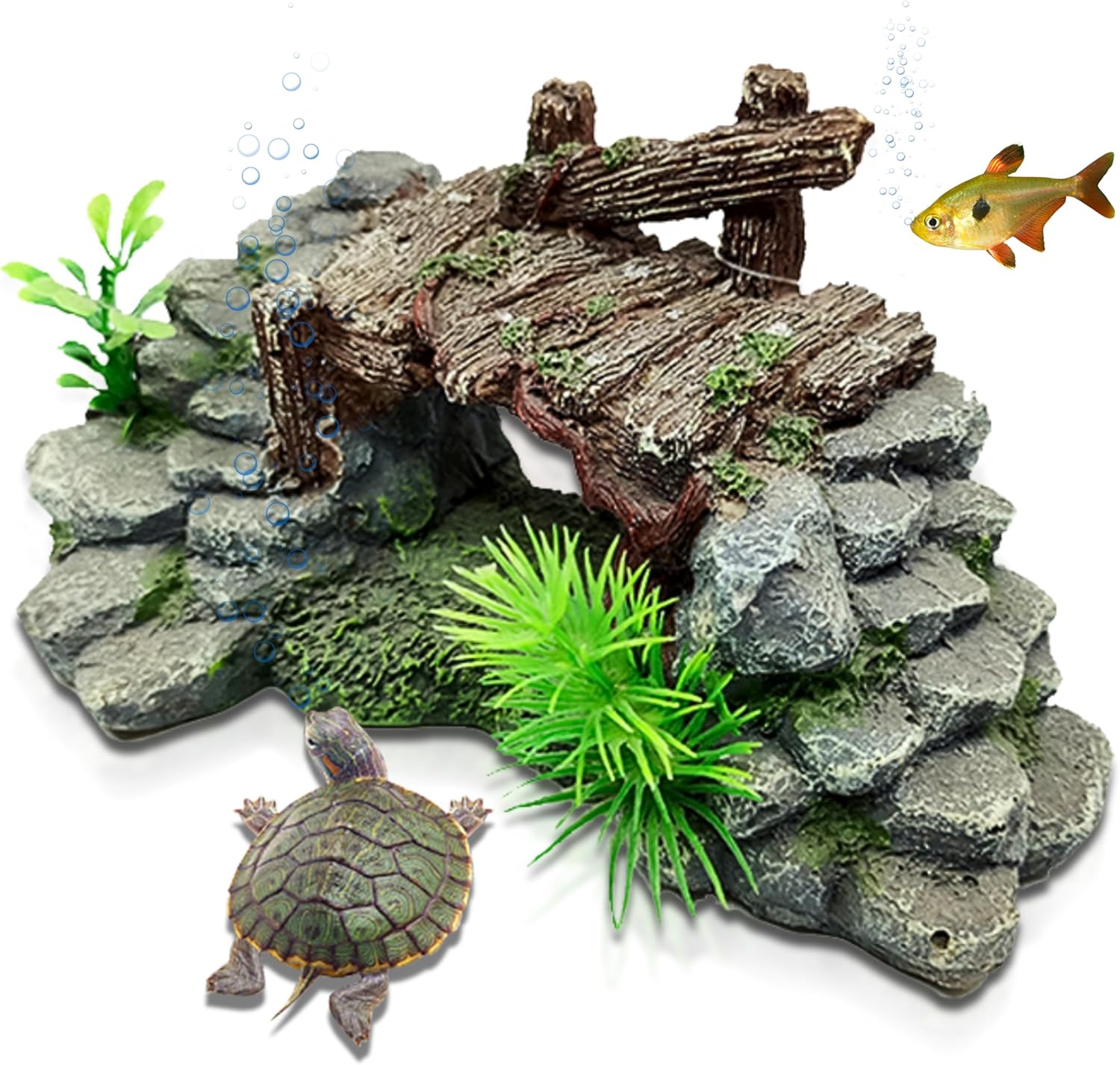 Aquarium Decor, Betta Fish Tank Accessories with Plants, Turtle Tank Decorations, Large Aquarium Ornaments, Fish Hideout, Decorative Accessories for Freshwater & Saltwater Tanks (Grass Bridge)
