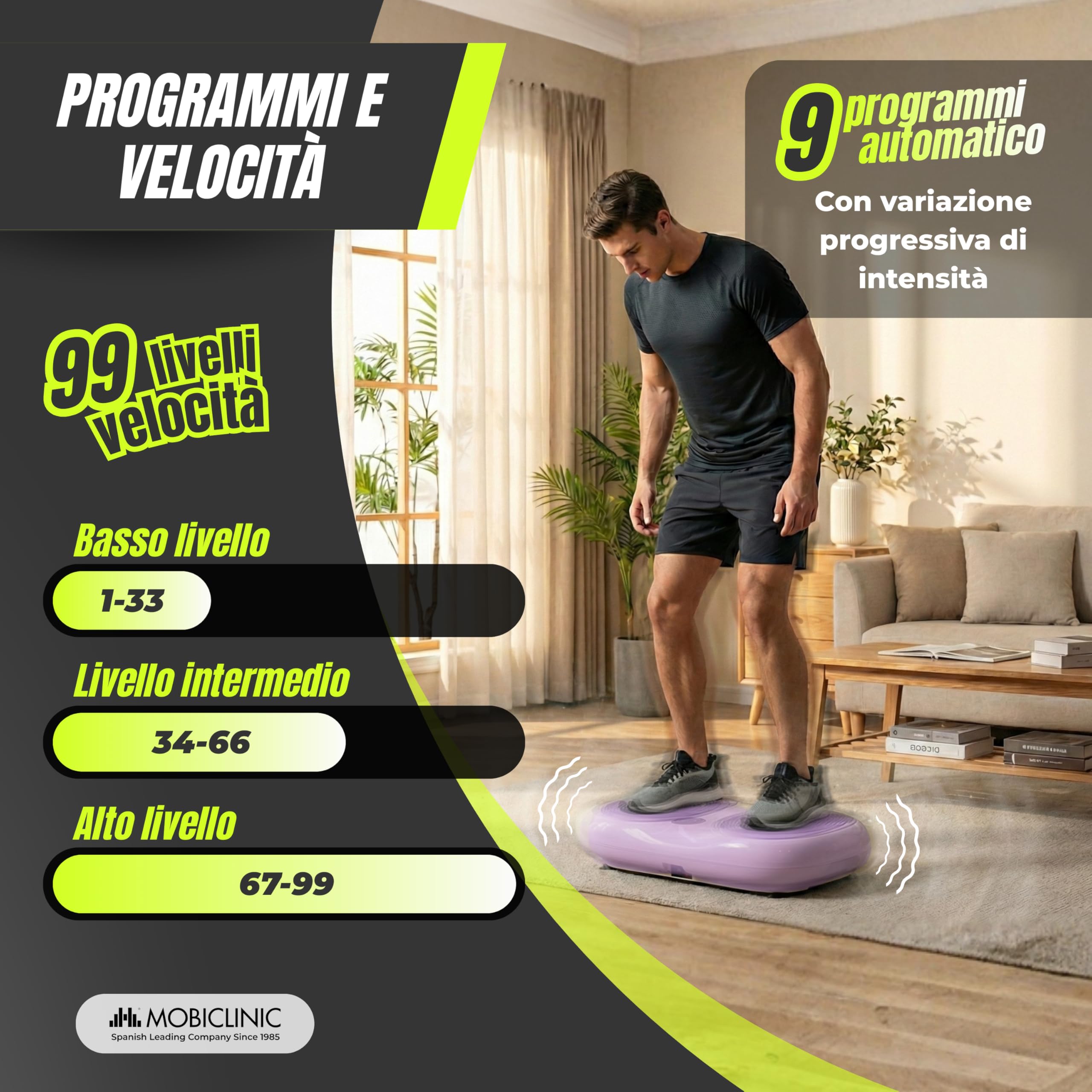Mobiclinic®, Pedana Vibrante, 99 Livelli di Velocità, 9 Programmi di Allenamento, Fasce Elastiche e Telecomando, 200W, Tonificazione, Potenziamento Muscolare, Ideale per la Casa, Fino a 150 kg, Karol