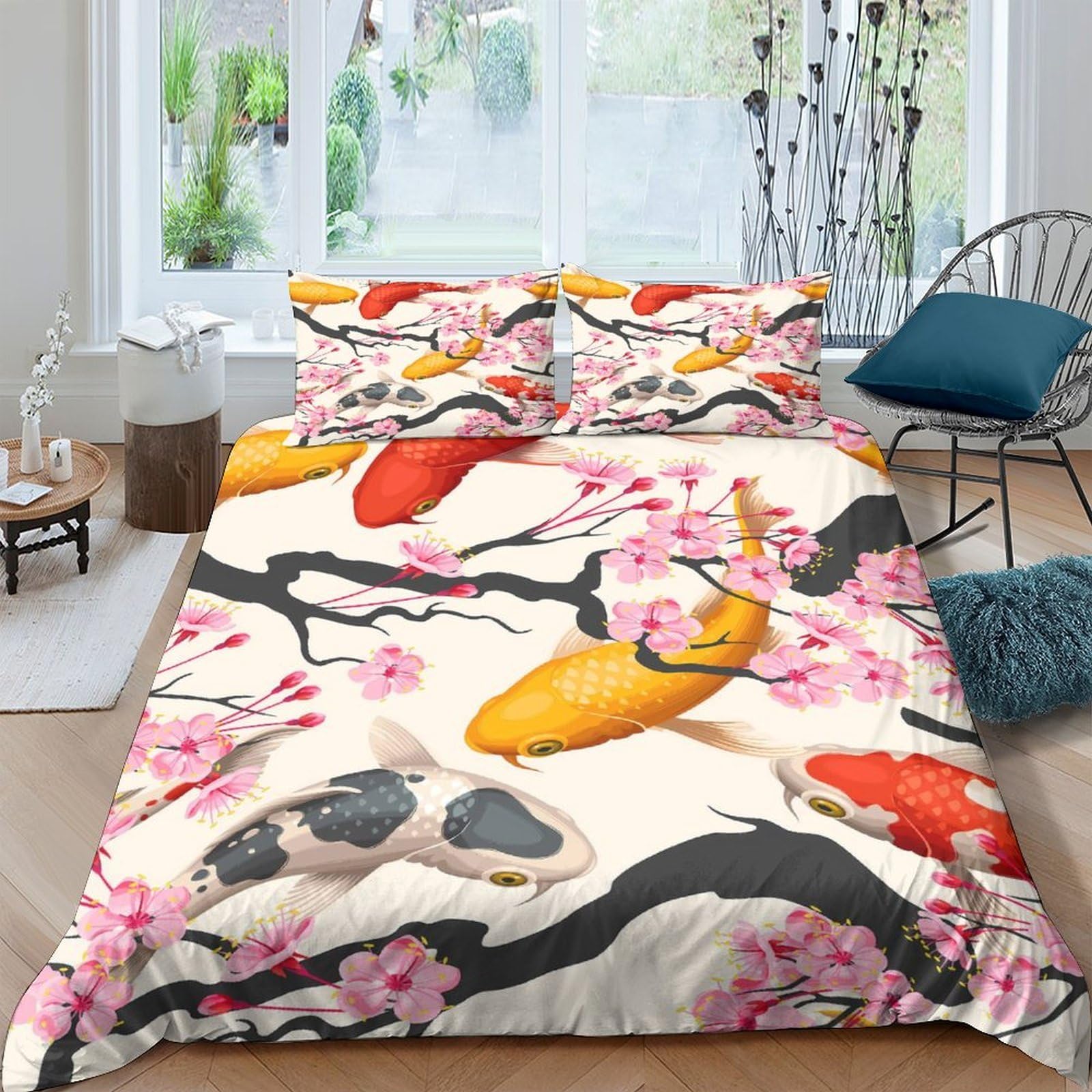 Ctjqhvkz Style-6 3D Printed Koi Fish Fitted Sheet Microfiber Soft Breathable Sakura Bed Cover For Bedroom Decor Mattress Protection Single（135X200cm）