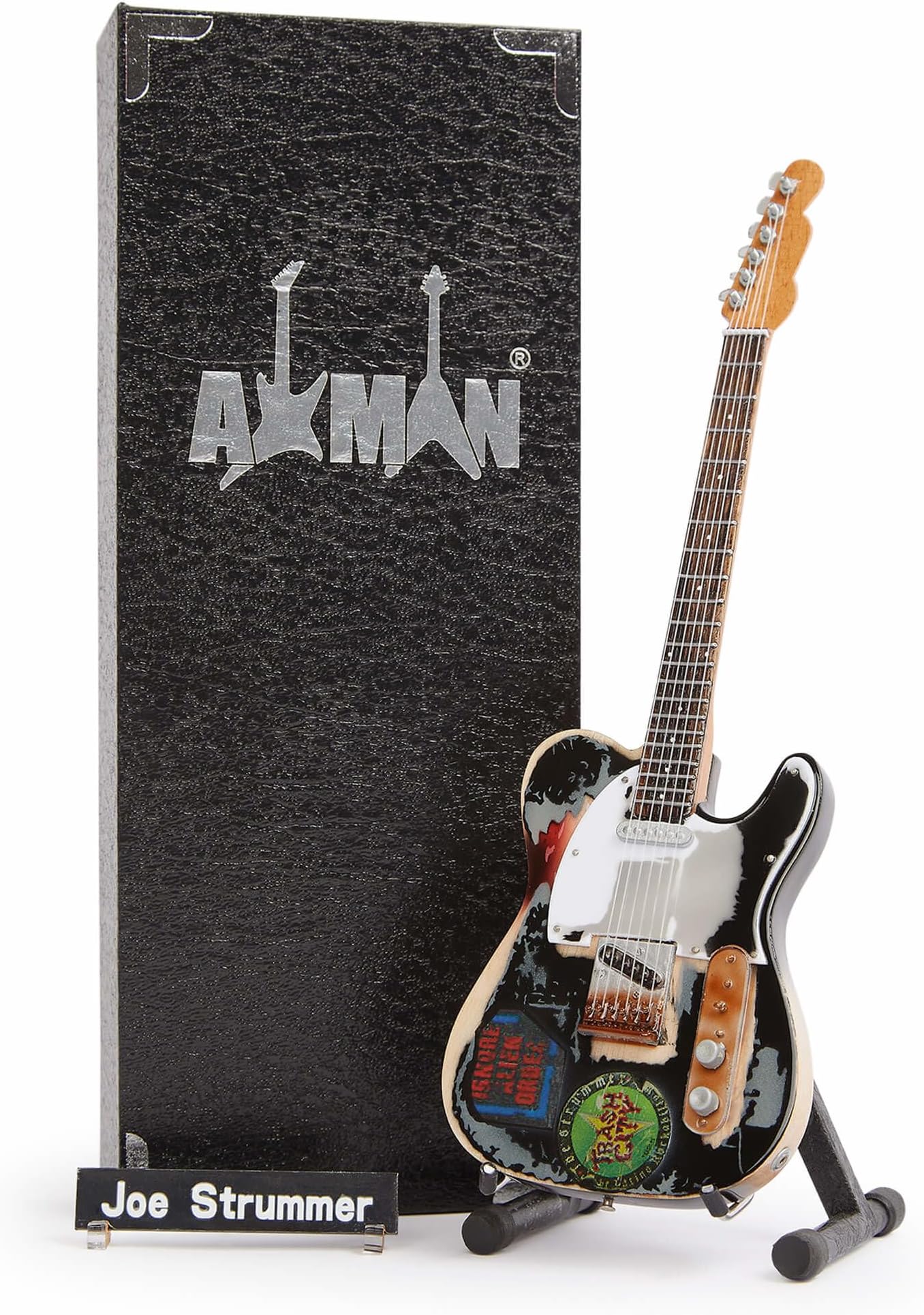 – Joe Strummer 1966 : Miniature Guitar Replica - Music Gifts - Handmade Ornamental 1/4 Scale - Includes a Display Box, Name Tag and Miniature Guitar Stand