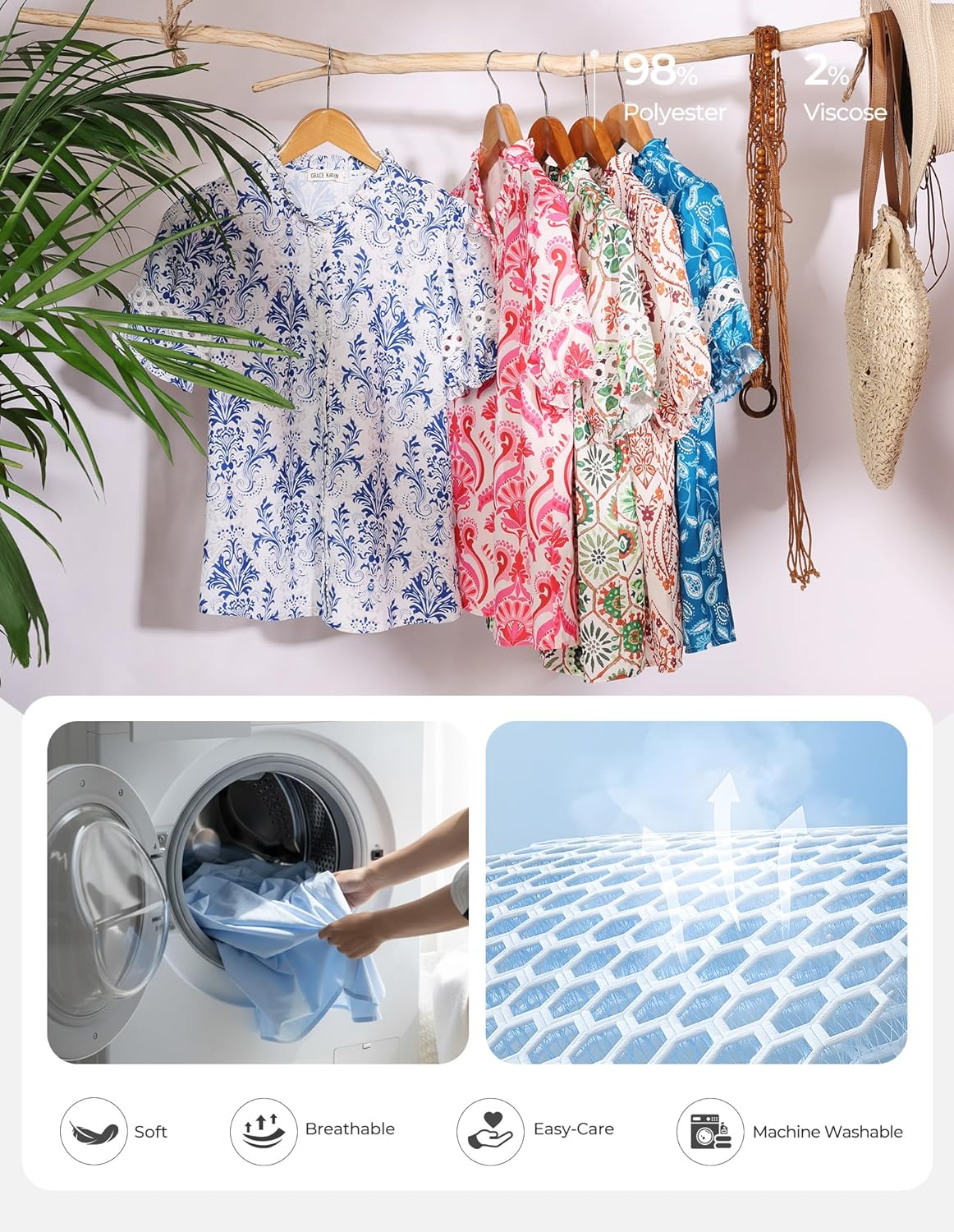 GRACE KARIN Women Boho Floral Tops, Summer Short Eyelet Sleeve Dressy Casual Shirts, Spring Button Down Blouse 2026 Trendy - Image 5