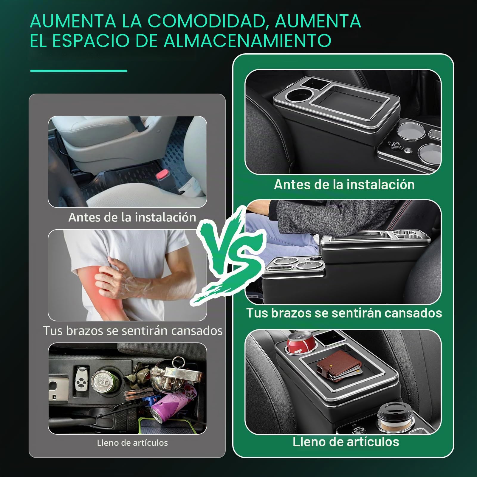 KAOLALI Consola Central Compatible con VW T4 T5 T6 T6.1 T7 2003-2019 | Consola Central con Compartimentos y Portavasos, con Estantes, Puerto USB y Luces LED, Elegante Apariencia, Negro